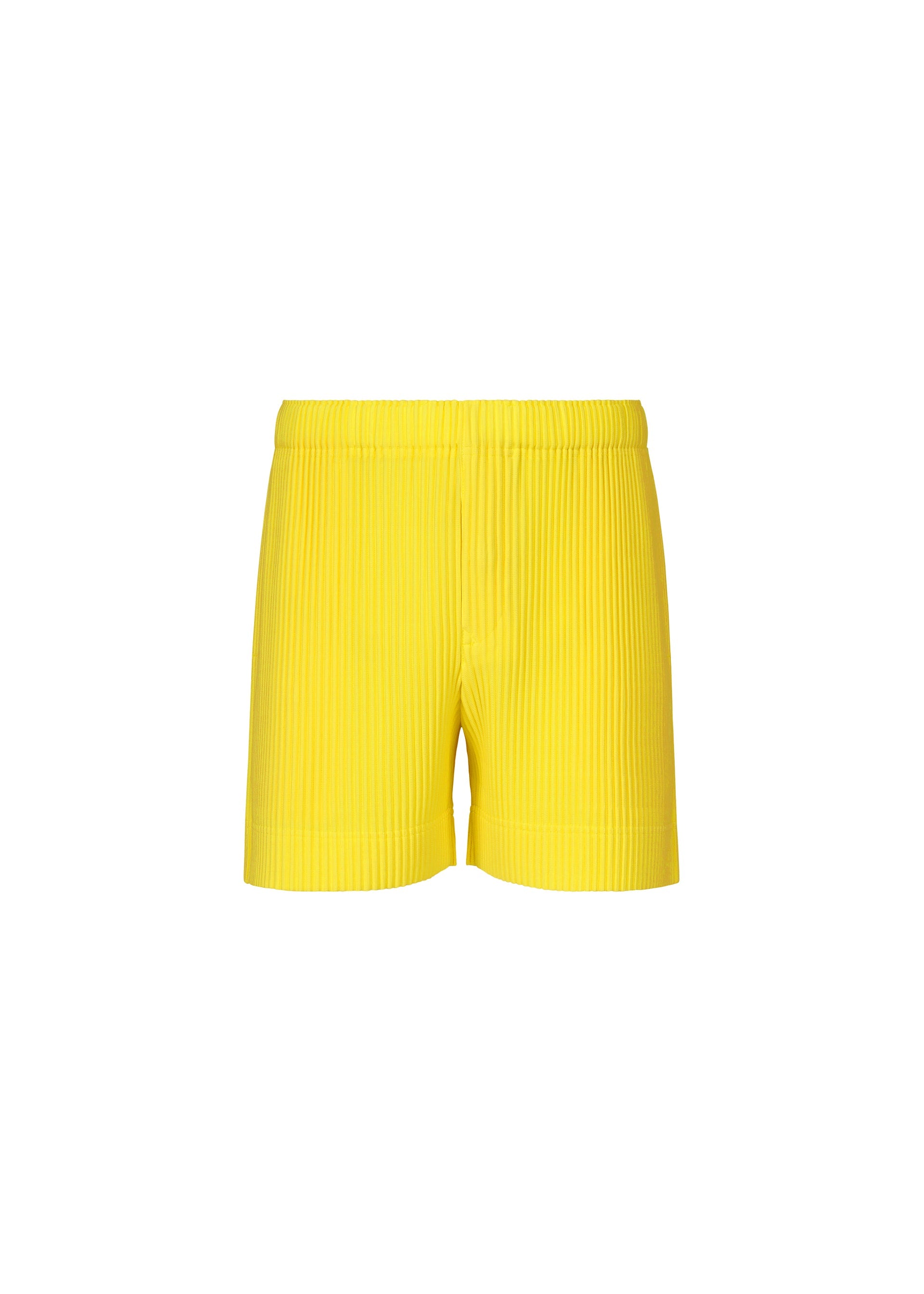 Zoomed view The COLORFUL PLEATS BOTTOMS by HOMME PLISSÉ ISSEY MIYAKE are bright yellow ribbed polyester shorts with an elastic waistband. Shown on a plain white background, these quick dry shorts are ideal for active days. - TRAMPOLINO YELLOW （no.50）