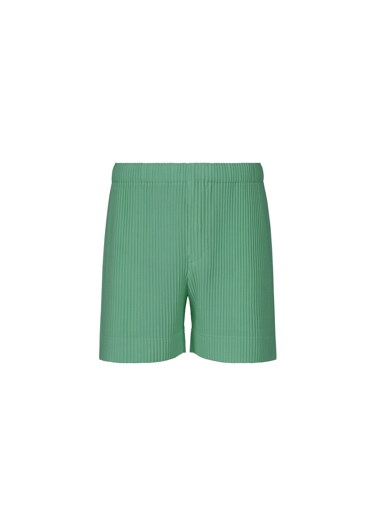 The COLORFUL PLEATS BOTTOMS by HOMME PLISSÉ ISSEY MIYAKE are green pleated polyester shorts with an elastic waistband, shown against a plain white background. view 3 of 8