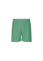 The COLORFUL PLEATS BOTTOMS by HOMME PLISSÉ ISSEY MIYAKE are green pleated polyester shorts with an elastic waistband, shown against a plain white background. - STORICO POST GREEN （no.61）