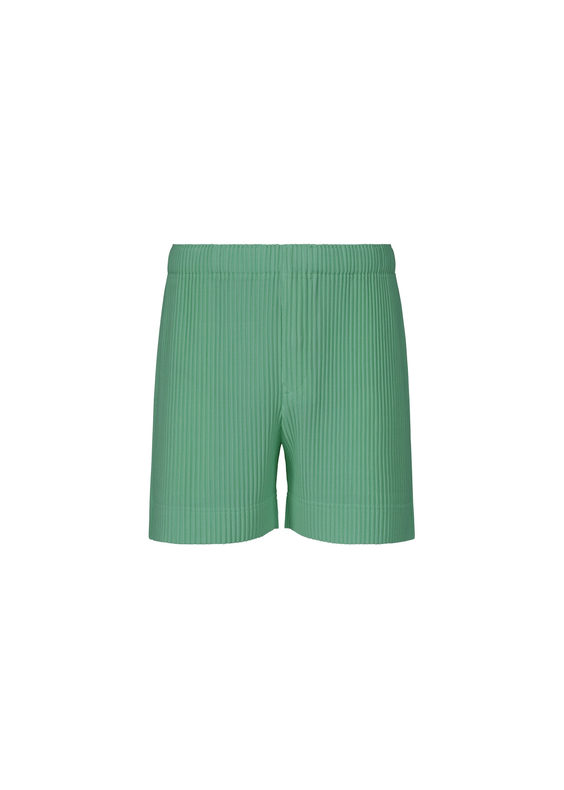 Zoomed view The COLORFUL PLEATS BOTTOMS by HOMME PLISSÉ ISSEY MIYAKE are green pleated polyester shorts with an elastic waistband, shown against a plain white background. - STORICO POST GREEN （no.61）
