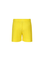 COLORFUL PLEATS BOTTOMS by HOMME PLISSÉ ISSEY MIYAKE—bright yellow, pleated drawstring shorts with an elastic waistband in quick-dry polyester, shown against a white background.