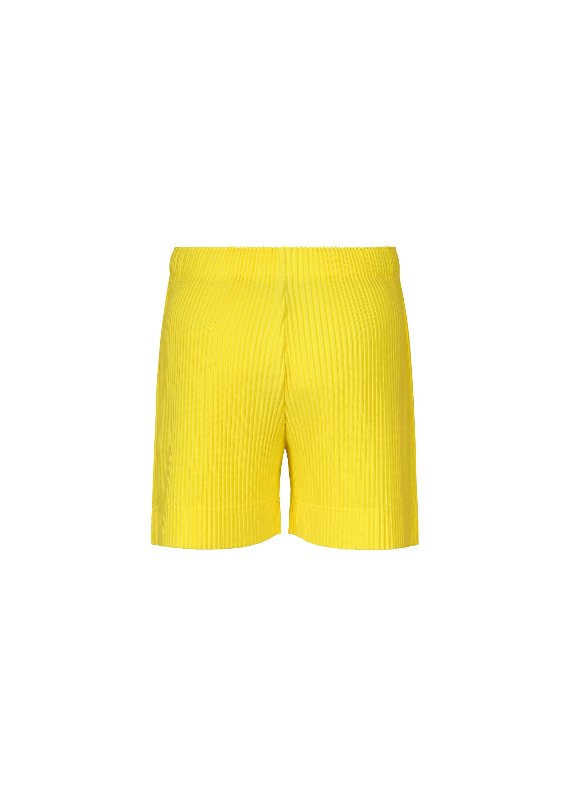 Zoomed view COLORFUL PLEATS BOTTOMS by HOMME PLISSÉ ISSEY MIYAKE—bright yellow, pleated drawstring shorts with an elastic waistband in quick-dry polyester, shown against a white background.