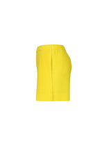 Side view of the COLORFUL PLEATS BOTTOMS by HOMME PLISSÉ ISSEY MIYAKE—bright yellow, ribbed polyester shorts with an elastic waistband on a plain white background. Quick-dry and ideal for active or casual wear.