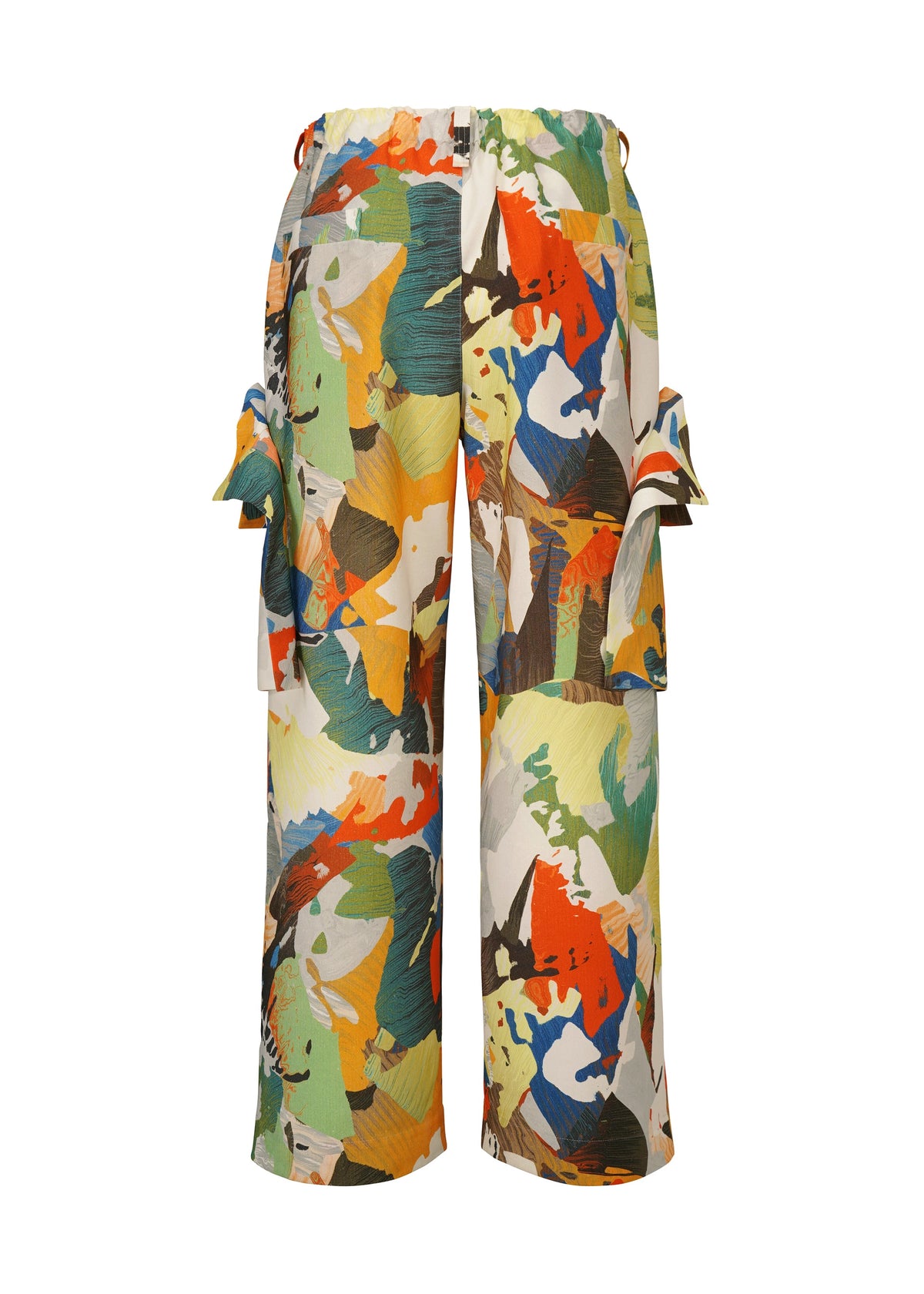 The PALETTE MARBLED wide-leg pants by HOMME PLISSÉ ISSEY MIYAKE feature a vibrant abstract camouflage inspired by Kyoto marbling in green, orange, yellow, blue, and white, with side cargo flap pockets and a high waist. view 2 of 6