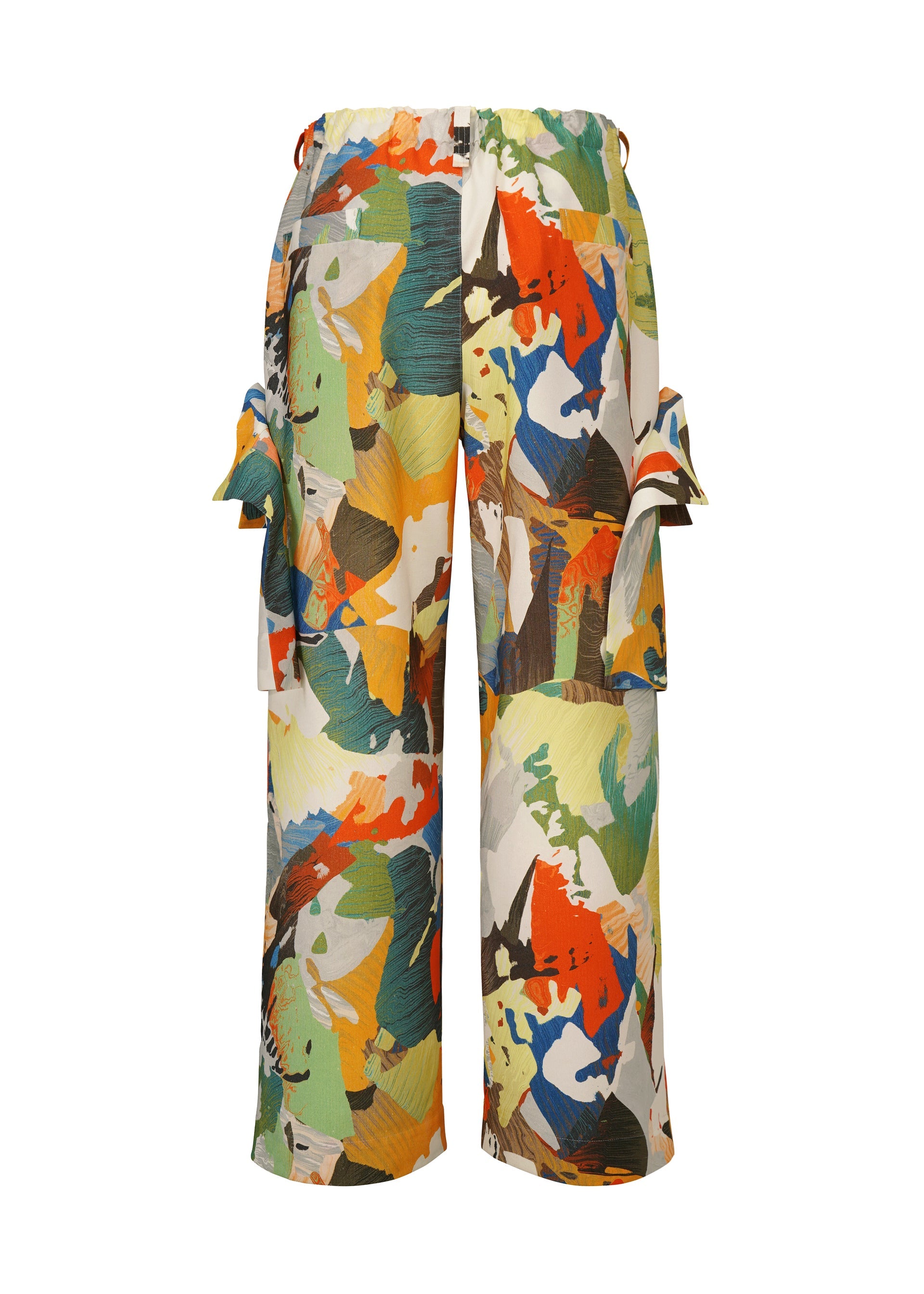 Zoomed view The PALETTE MARBLED wide-leg pants by HOMME PLISSÉ ISSEY MIYAKE feature a vibrant abstract camouflage inspired by Kyoto marbling in green, orange, yellow, blue, and white, with side cargo flap pockets and a high waist.
