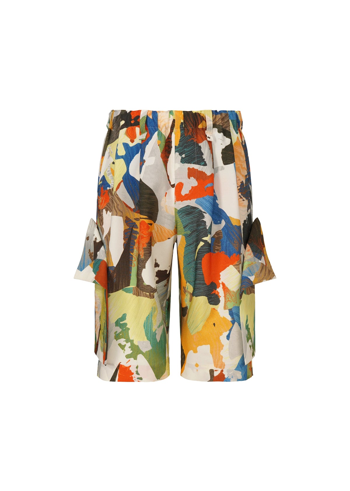 The PALETTE MARBLED shorts by HOMME PLISSÉ ISSEY MIYAKE feature a vibrant handcrafted marble print in blue, yellow, orange, green, and brown on white, with large side pockets and an elastic waistband. view 1 of 6