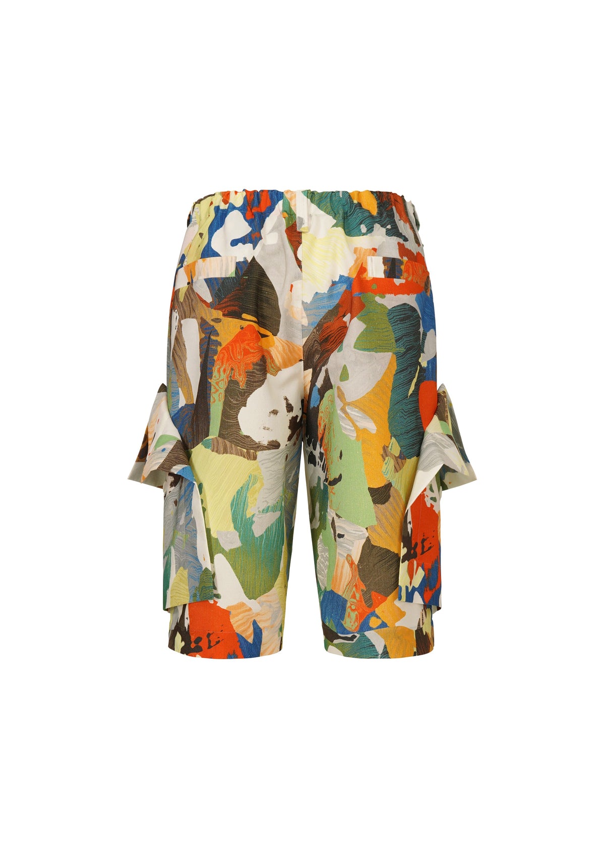 PALETTE MARBLED shorts by HOMME PLISSÉ ISSEY MIYAKE feature a vibrant handcrafted marble print in green, blue, orange, yellow, and brown on white. Each elastic-waist pair has side pockets and a unique pattern. view 2 of 6