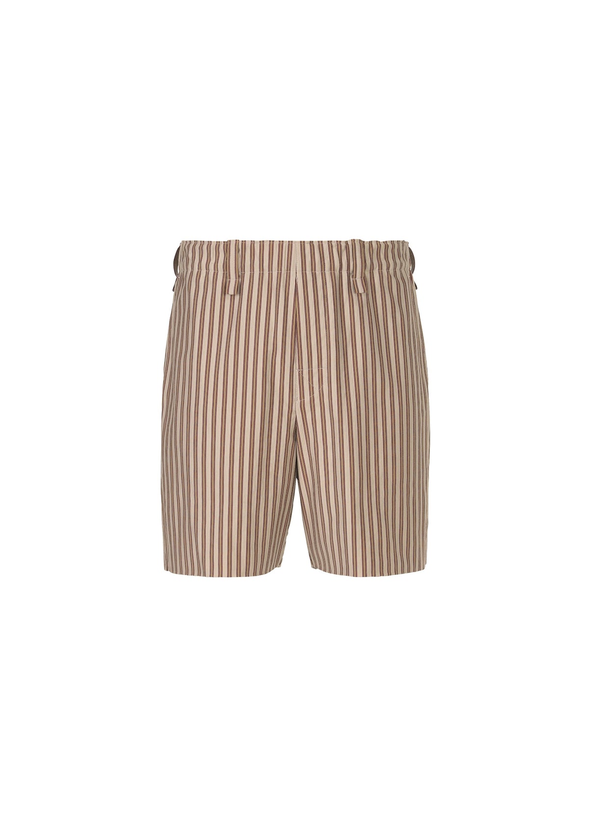 The STRIPE JERSEY shorts by HOMME PLISSÉ ISSEY MIYAKE feature beige and brown vertical stripes, an elastic waistband, belt loops, and a button-fly closure. Shown on a white background. view 1 of 8