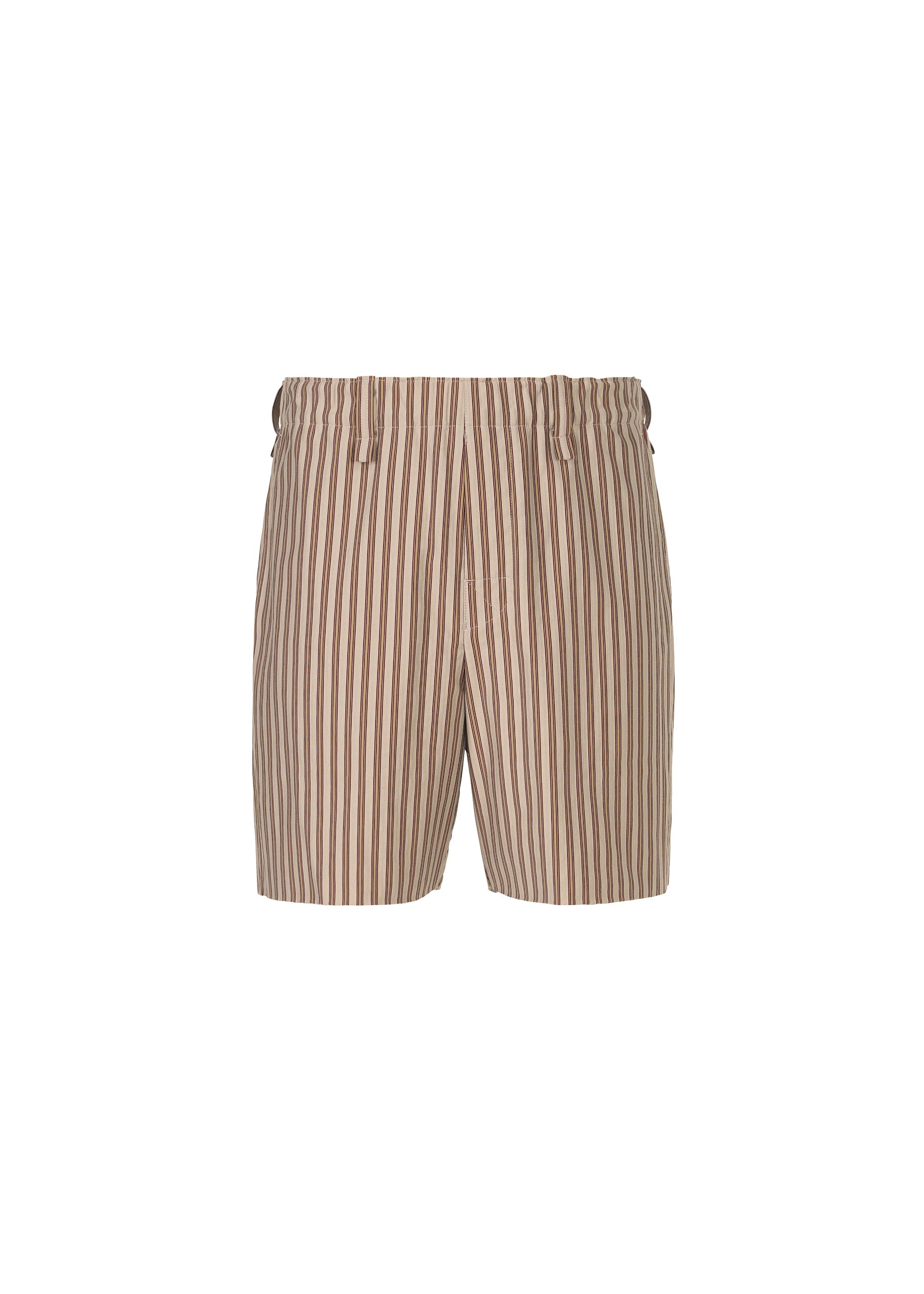 Zoomed view The STRIPE JERSEY shorts by HOMME PLISSÉ ISSEY MIYAKE feature beige and brown vertical stripes, an elastic waistband, belt loops, and a button-fly closure. Shown on a white background. - BROWN (no.44)