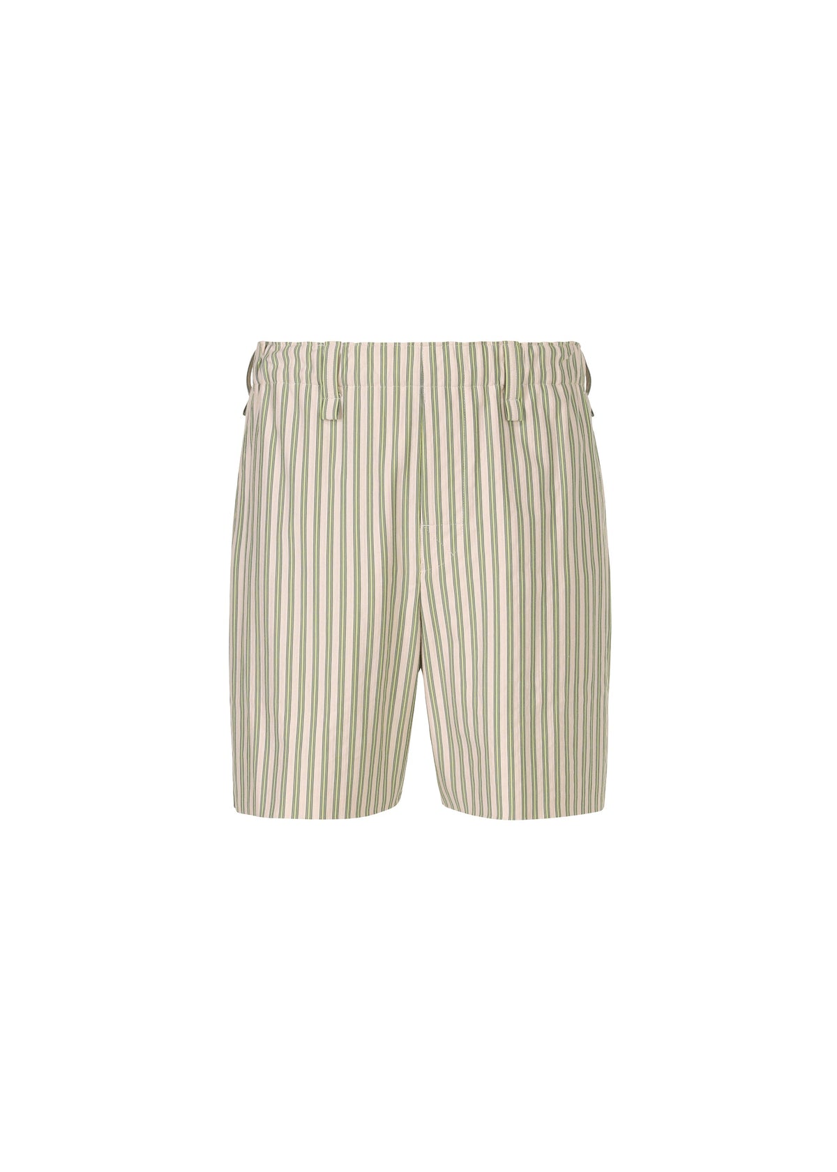 The STRIPE JERSEY shorts by HOMME PLISSÉ ISSEY MIYAKE feature green vertical stripes, an elastic waistband, belt loops, and a button-fly, shown on a plain white background. view 2 of 8