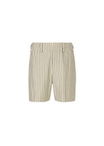 The STRIPE JERSEY shorts by HOMME PLISSÉ ISSEY MIYAKE feature green vertical stripes, an elastic waistband, belt loops, and a button-fly, shown on a plain white background. - GREEN (no.62)