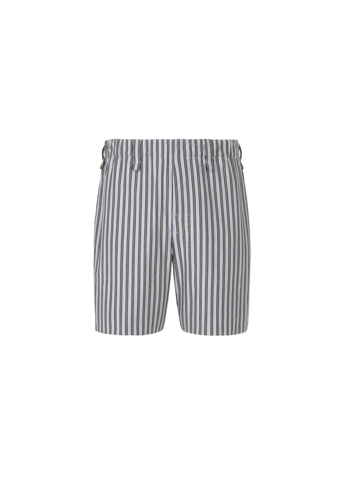 The STRIPE JERSEY shorts by HOMME PLISSÉ ISSEY MIYAKE feature gray and white vertical stripes, an elastic waistband, and a lightweight design, perfect for casual warm-weather wear. Displayed on a plain white background. view 3 of 8