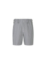 The STRIPE JERSEY shorts by HOMME PLISSÉ ISSEY MIYAKE feature gray and white vertical stripes, an elastic waistband, and a lightweight design, perfect for casual warm-weather wear. Displayed on a plain white background. - BLUE (no.72)