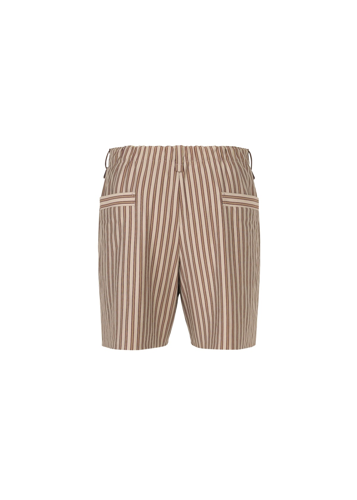 Back view of the STRIPE JERSEY shorts by HOMME PLISSÉ ISSEY MIYAKE, featuring Italian-inspired beige and brown vertical stripes, elastic waistband, and two back pockets, shown against a white background. view 4 of 8