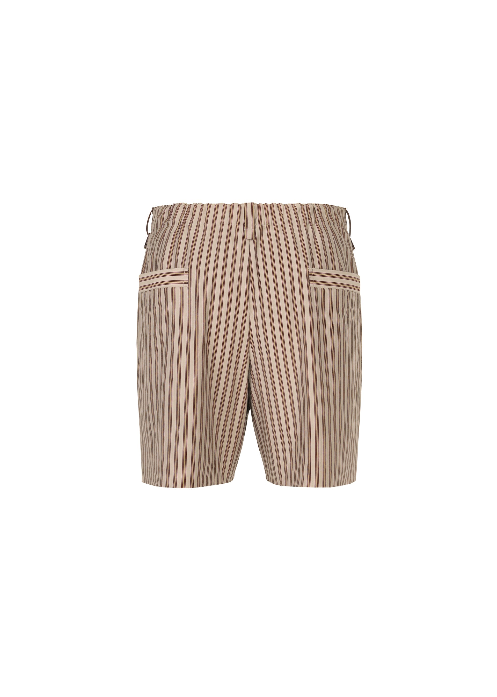 Zoomed view Back view of the STRIPE JERSEY shorts by HOMME PLISSÉ ISSEY MIYAKE, featuring Italian-inspired beige and brown vertical stripes, elastic waistband, and two back pockets, shown against a white background.