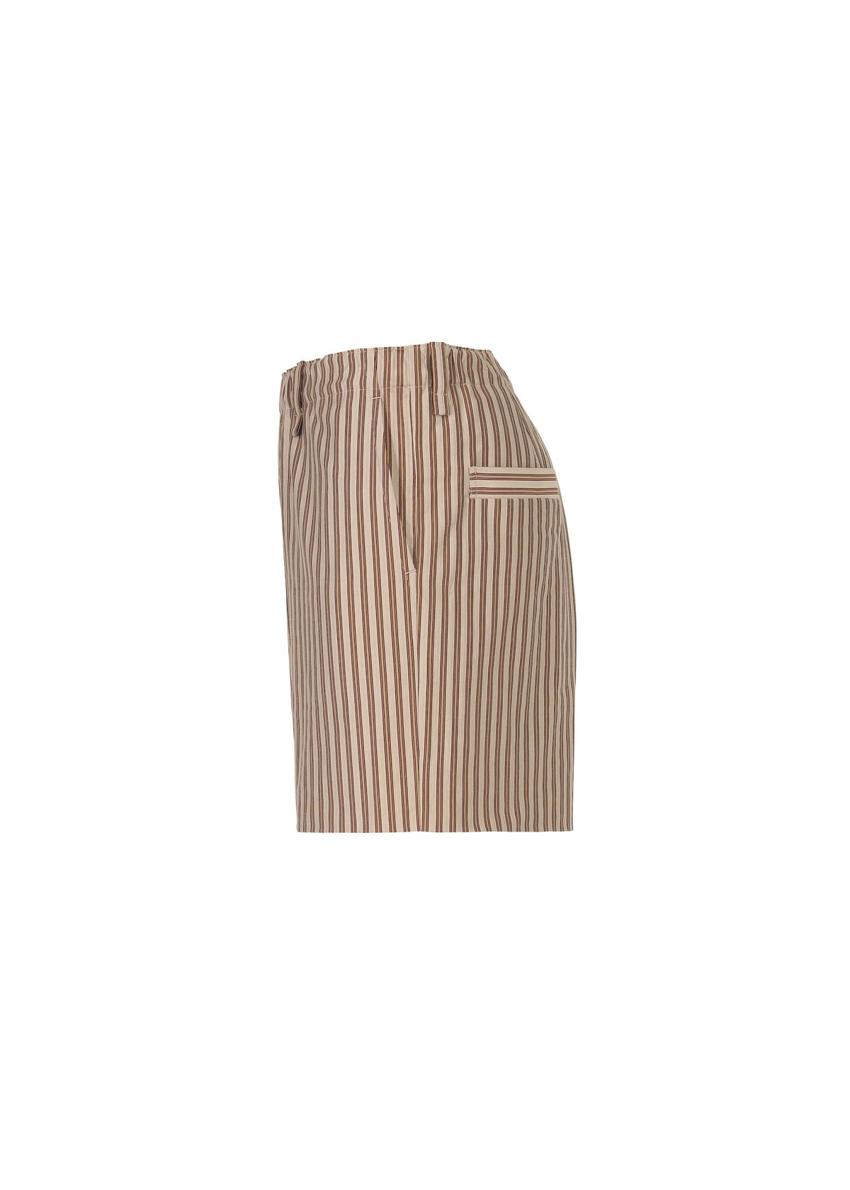 Side view of HOMME PLISSÉ ISSEY MIYAKE STRIPE JERSEY shorts in beige with vertical brown stripes, elastic waistband, side pocket, and single back pocket, displayed on a plain white background. view 5 of 8