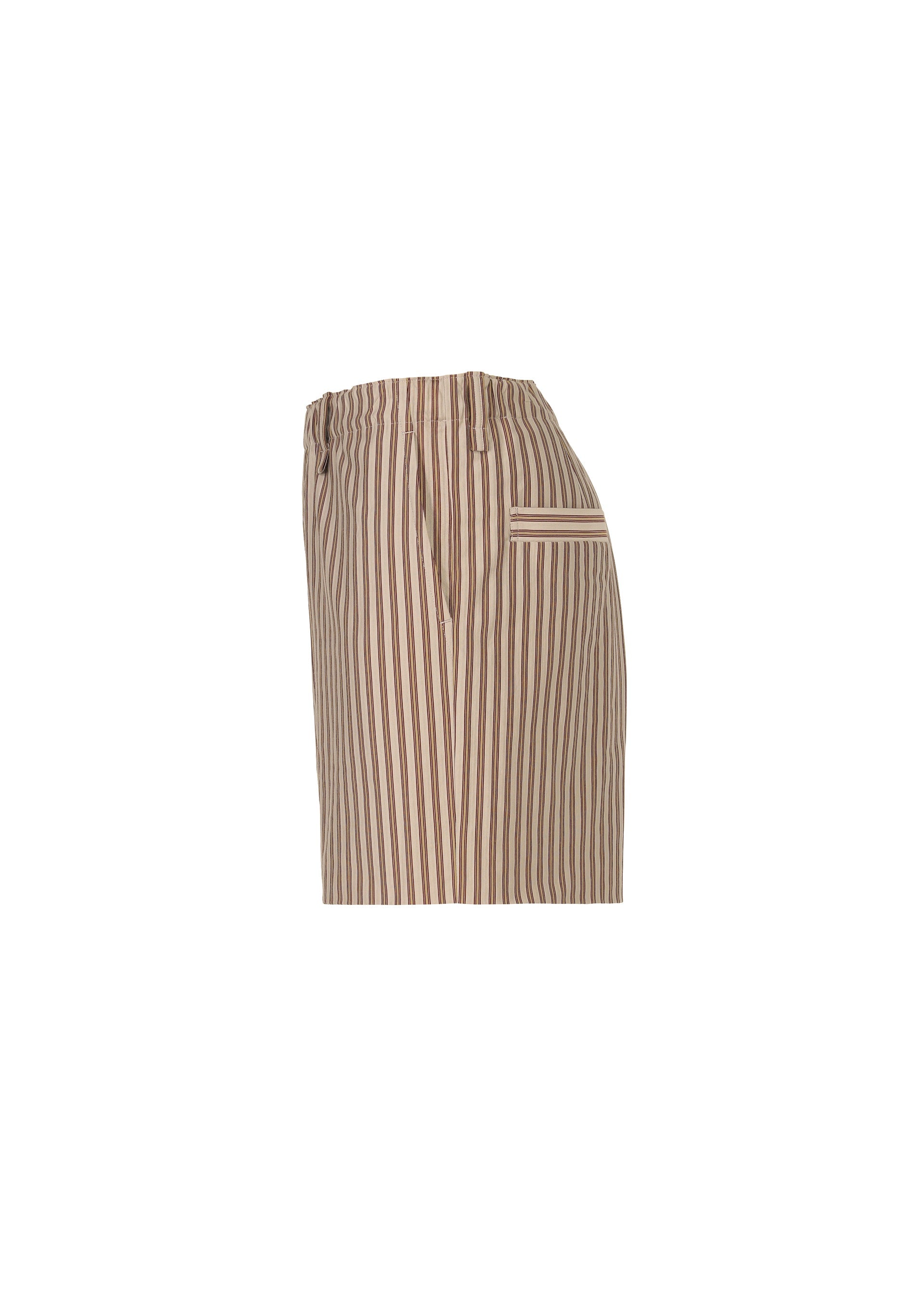 Zoomed view Side view of HOMME PLISSÉ ISSEY MIYAKE STRIPE JERSEY shorts in beige with vertical brown stripes, elastic waistband, side pocket, and single back pocket, displayed on a plain white background.