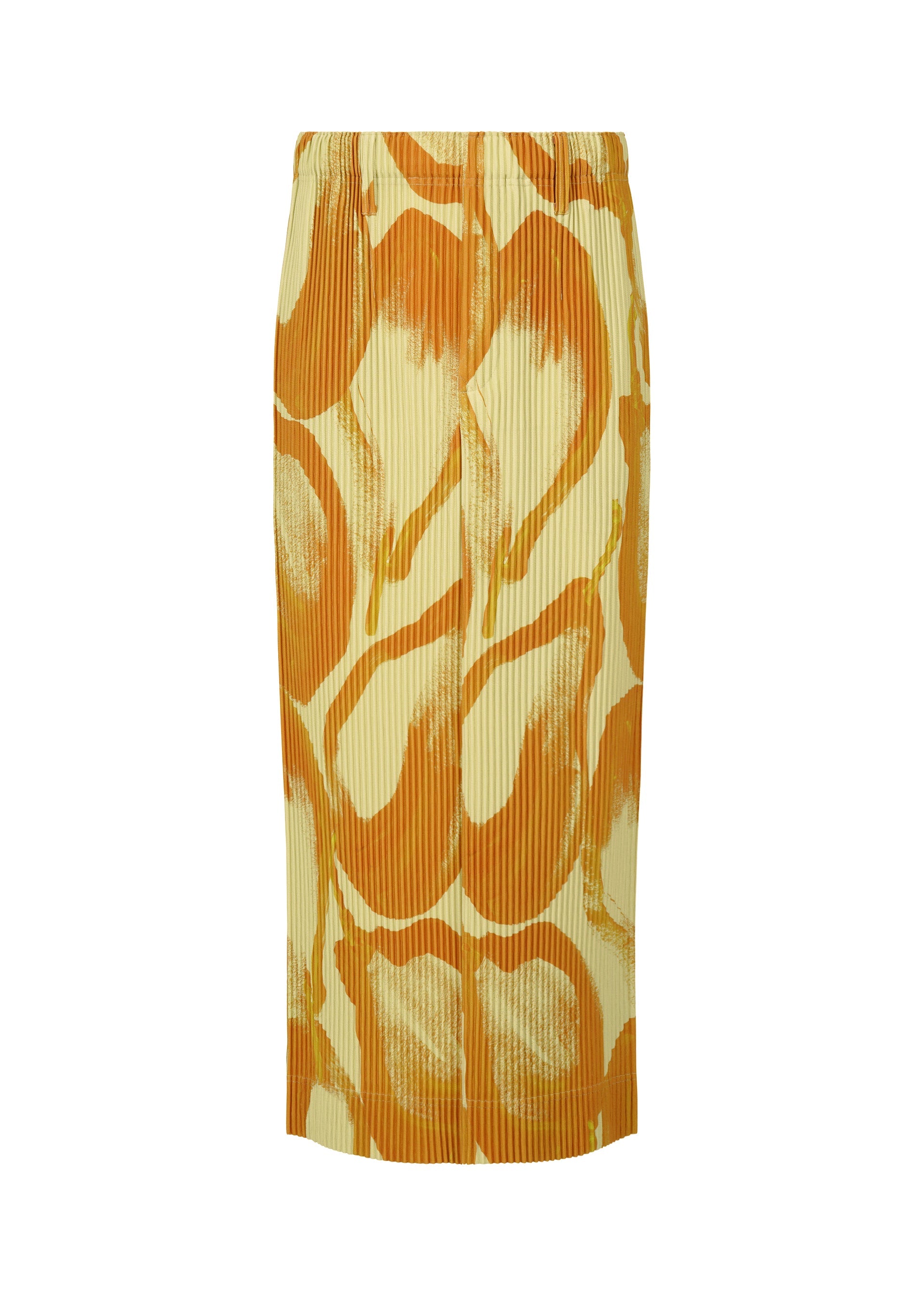 Zoomed view The HOMME PLISSÉ ISSEY MIYAKE FRUITS & VEGETABLES skirt is high-waisted and knee-length, with vertical pleats and a vibrant orange and yellow abstract pattern, inspired by Italian market prints, shown on a plain white background. - YELLOW （no.52）