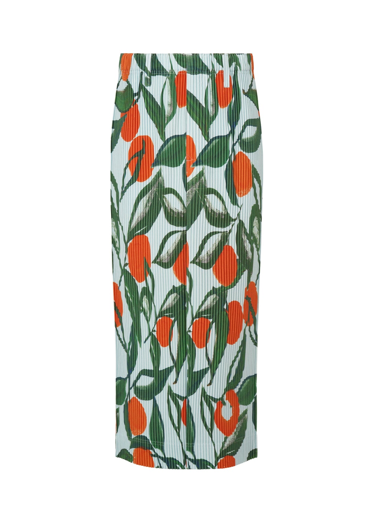 The FRUITS & VEGETABLES skirt by HOMME PLISSÉ ISSEY MIYAKE is a white, knee-length pleated piece with a bold green leaf and orange fruit abstract print inspired by classic Italian market motifs. view 3 of 9