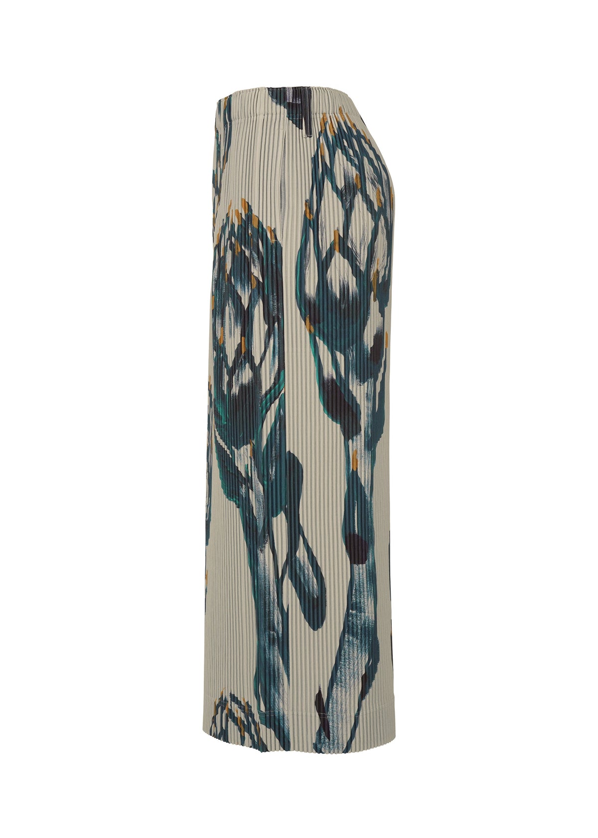 A side view of the HOMME PLISSÉ ISSEY MIYAKE FRUITS & VEGETABLES long, pleated beige skirt showcases a bold, abstract botanical print in blue, green, and yellow that channels the charm of Italian market art. view 5 of 9
