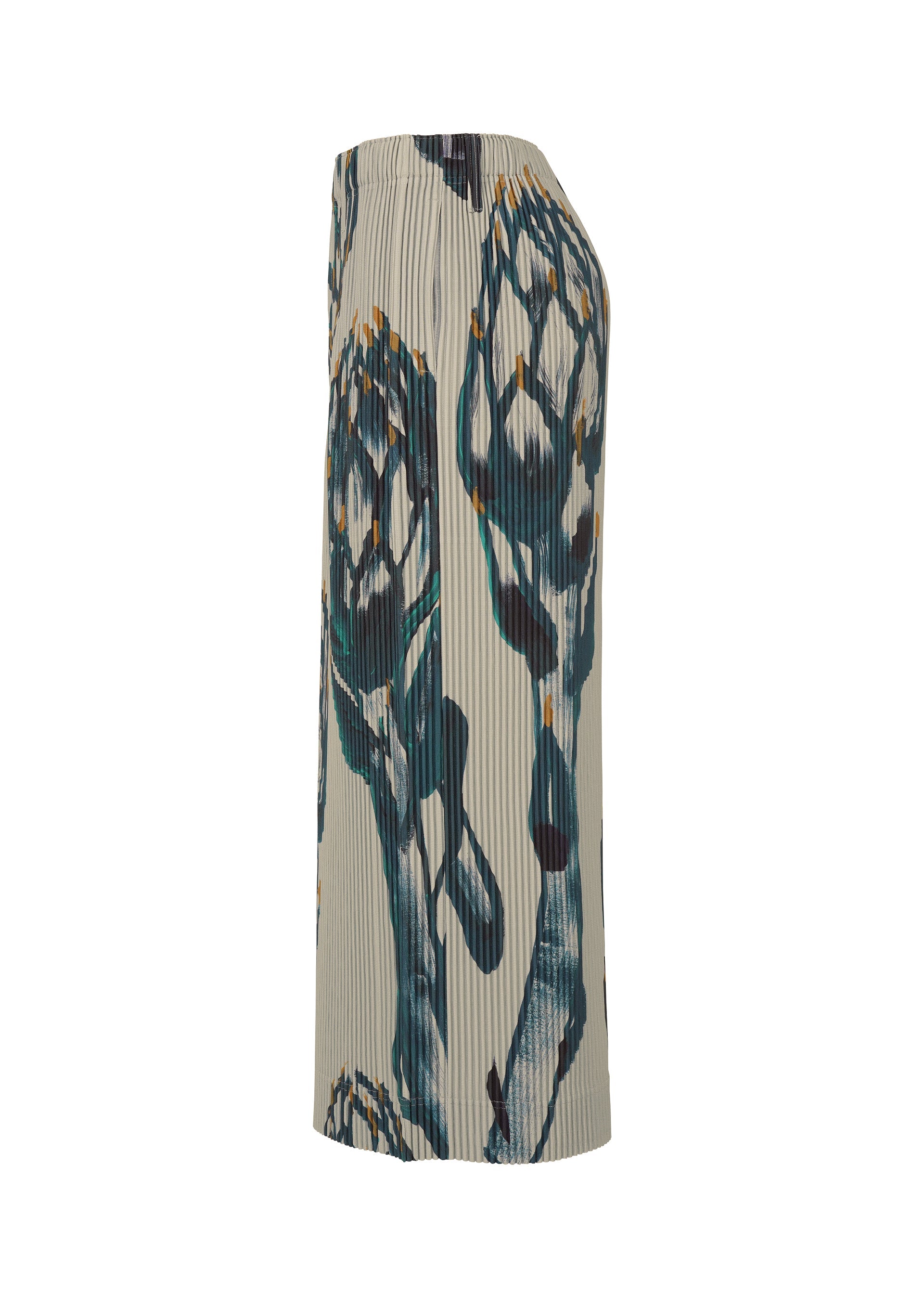 Zoomed view A side view of the HOMME PLISSÉ ISSEY MIYAKE FRUITS & VEGETABLES long, pleated beige skirt showcases a bold, abstract botanical print in blue, green, and yellow that channels the charm of Italian market art.