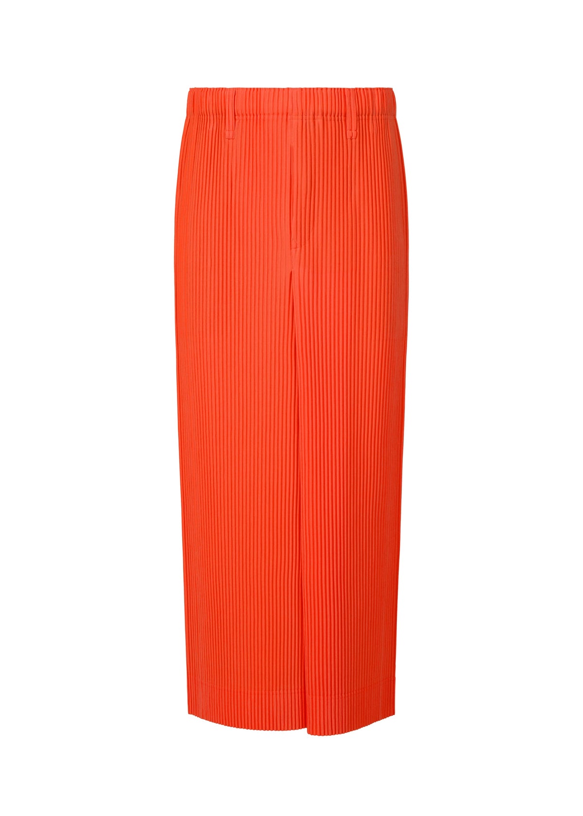 The COLORFUL PLEATS BOTTOMS by HOMME PLISSÉ ISSEY MIYAKE is a bright orange, mid-length polyester skirt with crisp vertical pleats, an elastic waistband, straight cut, and hidden pockets for a modern, structured look. view 1 of 8