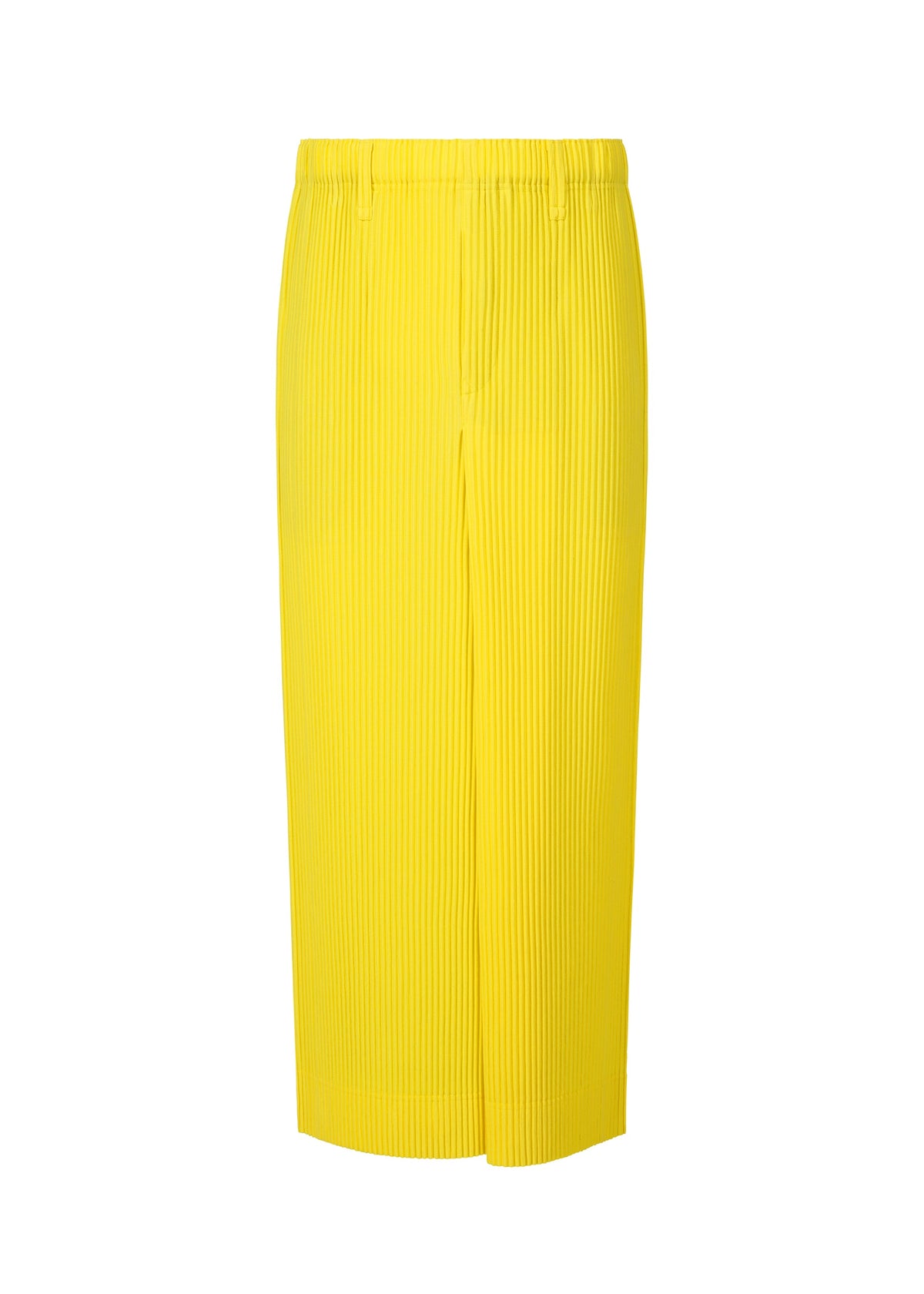 The COLORFUL PLEATS BOTTOMS by HOMME PLISSÉ ISSEY MIYAKE are bright yellow, high-waisted, wide-leg pleated pants with an elastic waistband, offering a modern skirt-like flair against a white background. view 2 of 8