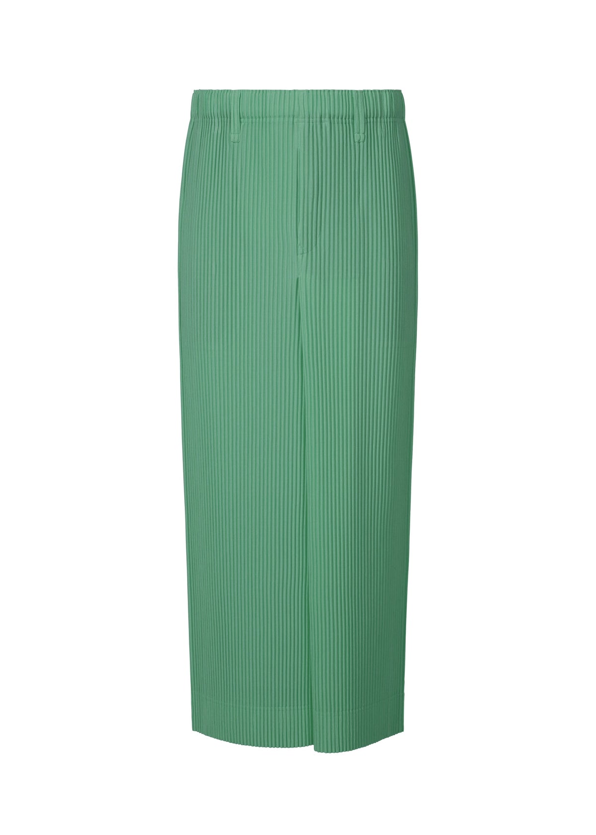 The COLORFUL PLEATS BOTTOMS by HOMME PLISSÉ ISSEY MIYAKE is a green, high-waisted, ankle-length pleated skirt with a straight silhouette, elastic waistband, and pockets—blending style and comfort in polyester for any occasion. view 3 of 8