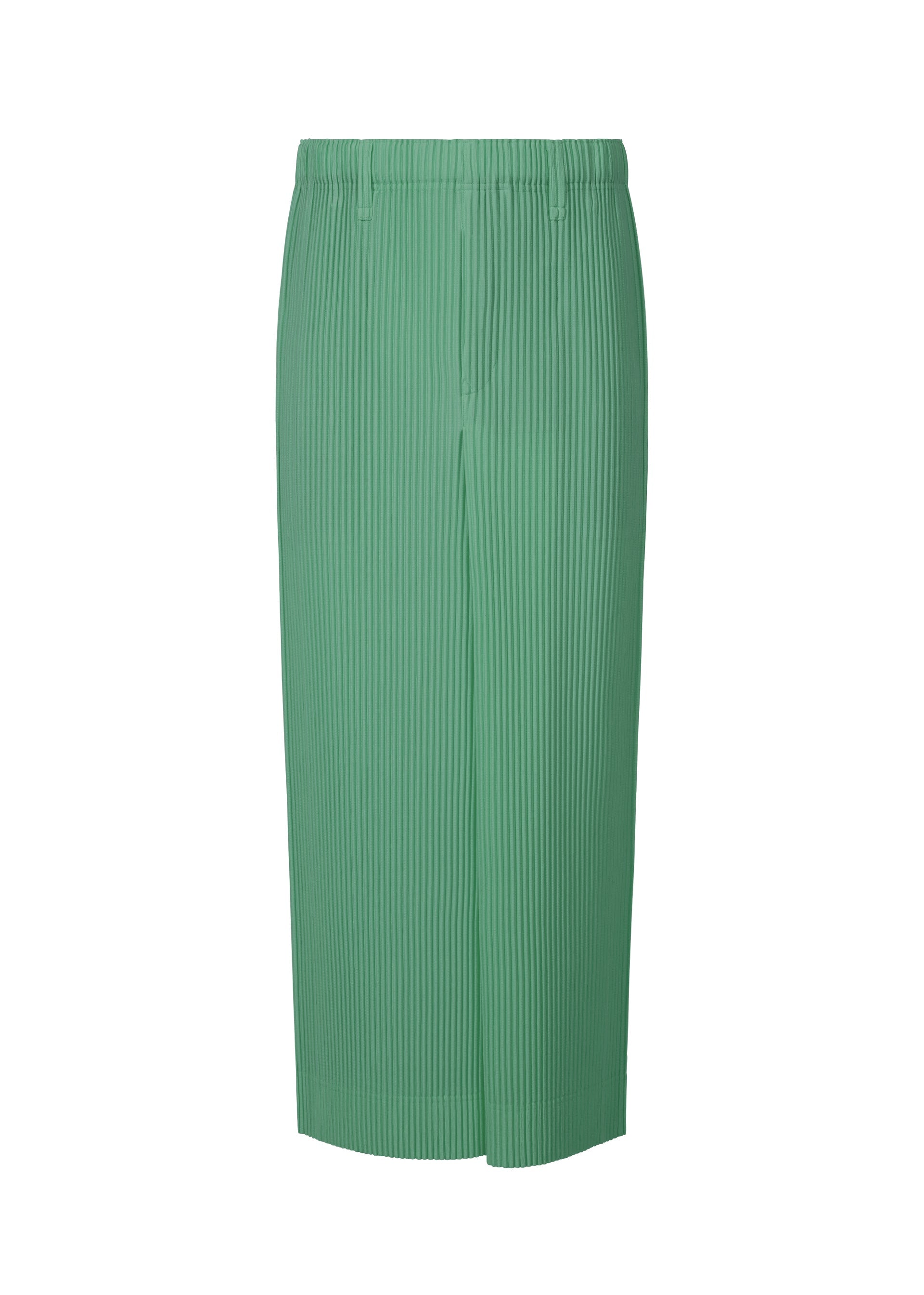 Zoomed view The COLORFUL PLEATS BOTTOMS by HOMME PLISSÉ ISSEY MIYAKE is a green, high-waisted, ankle-length pleated skirt with a straight silhouette, elastic waistband, and pockets—blending style and comfort in polyester for any occasion.