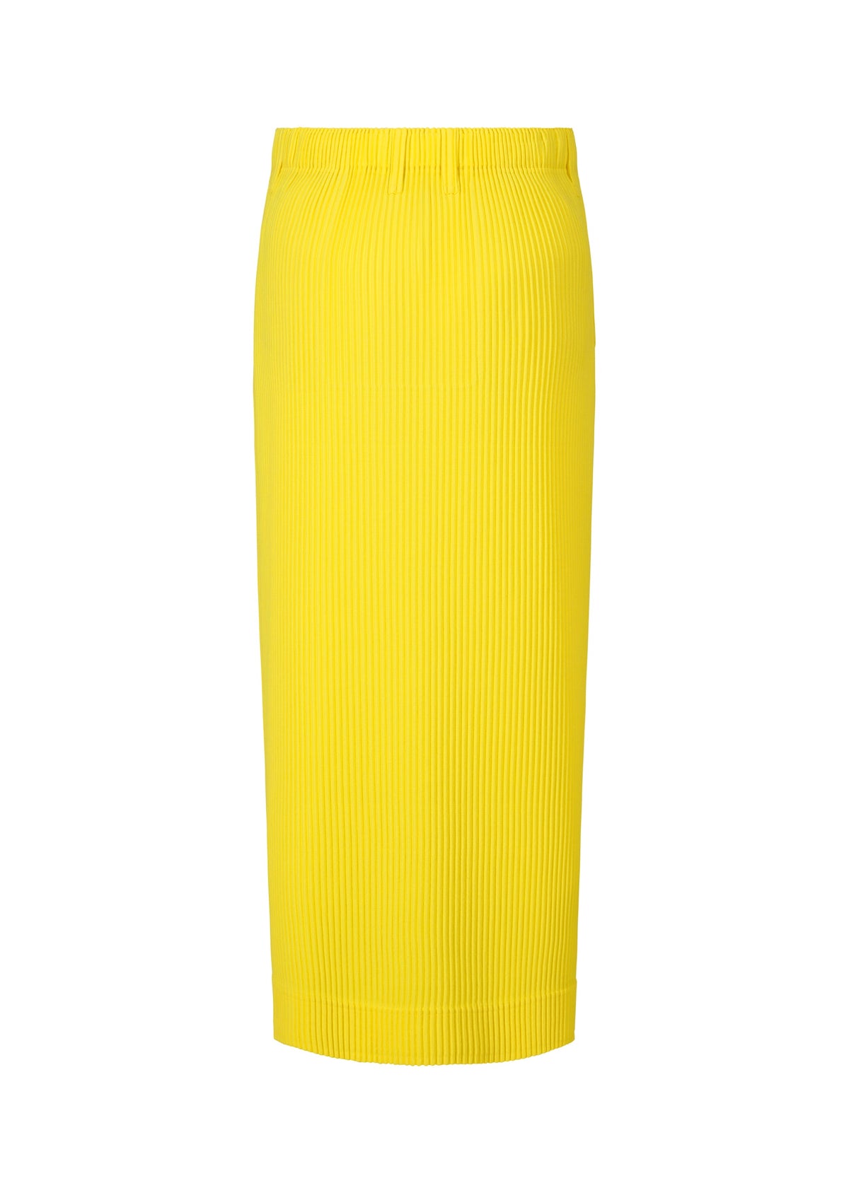 The COLORFUL PLEATS BOTTOMS by HOMME PLISSÉ ISSEY MIYAKE is a bright yellow, high-waisted pleated skirt with a fitted silhouette, discreet pockets, and a below-the-knee hem. view 5 of 8