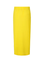 The COLORFUL PLEATS BOTTOMS by HOMME PLISSÉ ISSEY MIYAKE is a bright yellow, high-waisted pleated skirt with a fitted silhouette, discreet pockets, and a below-the-knee hem.