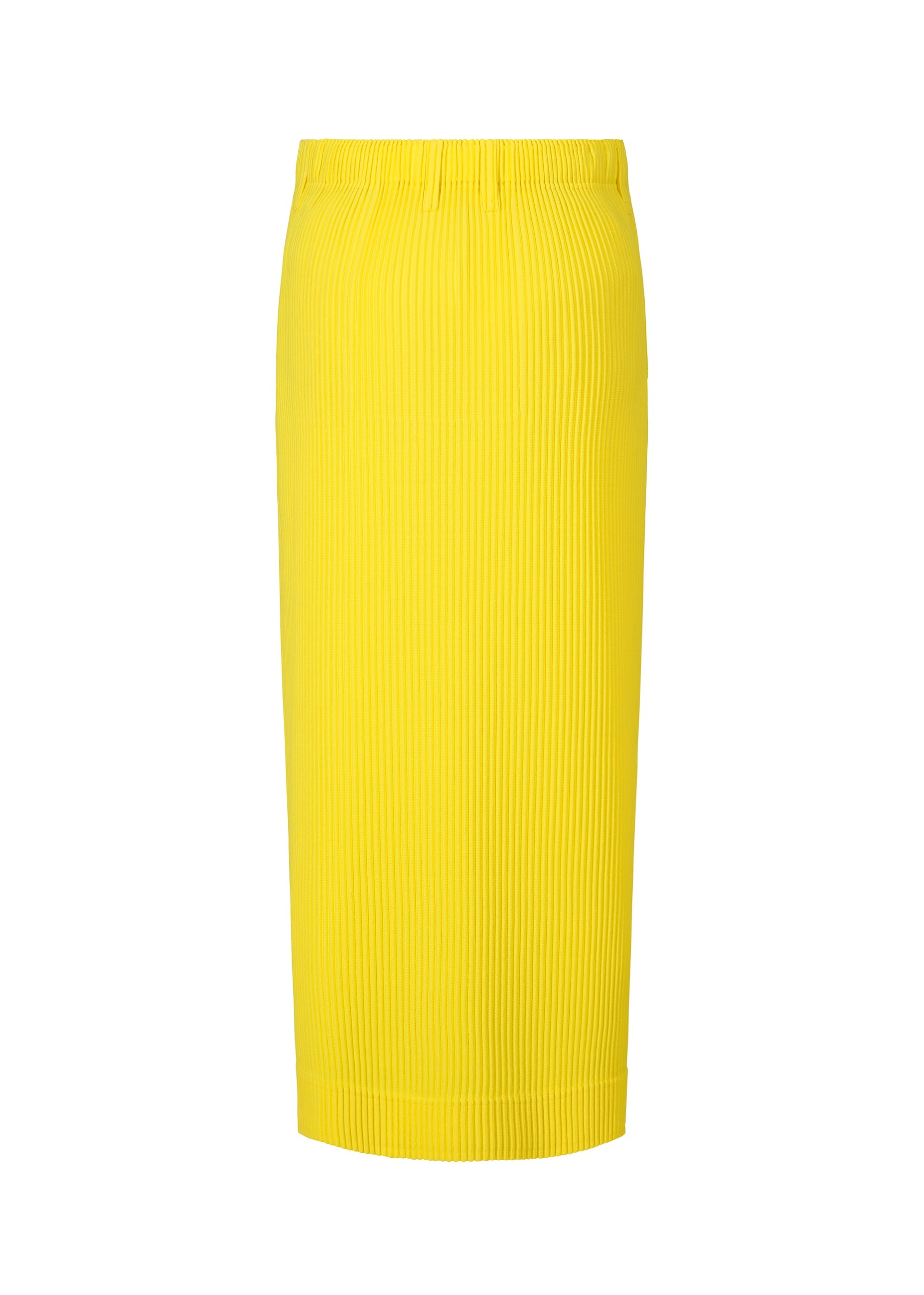 Zoomed view The COLORFUL PLEATS BOTTOMS by HOMME PLISSÉ ISSEY MIYAKE is a bright yellow, high-waisted pleated skirt with a fitted silhouette, discreet pockets, and a below-the-knee hem.