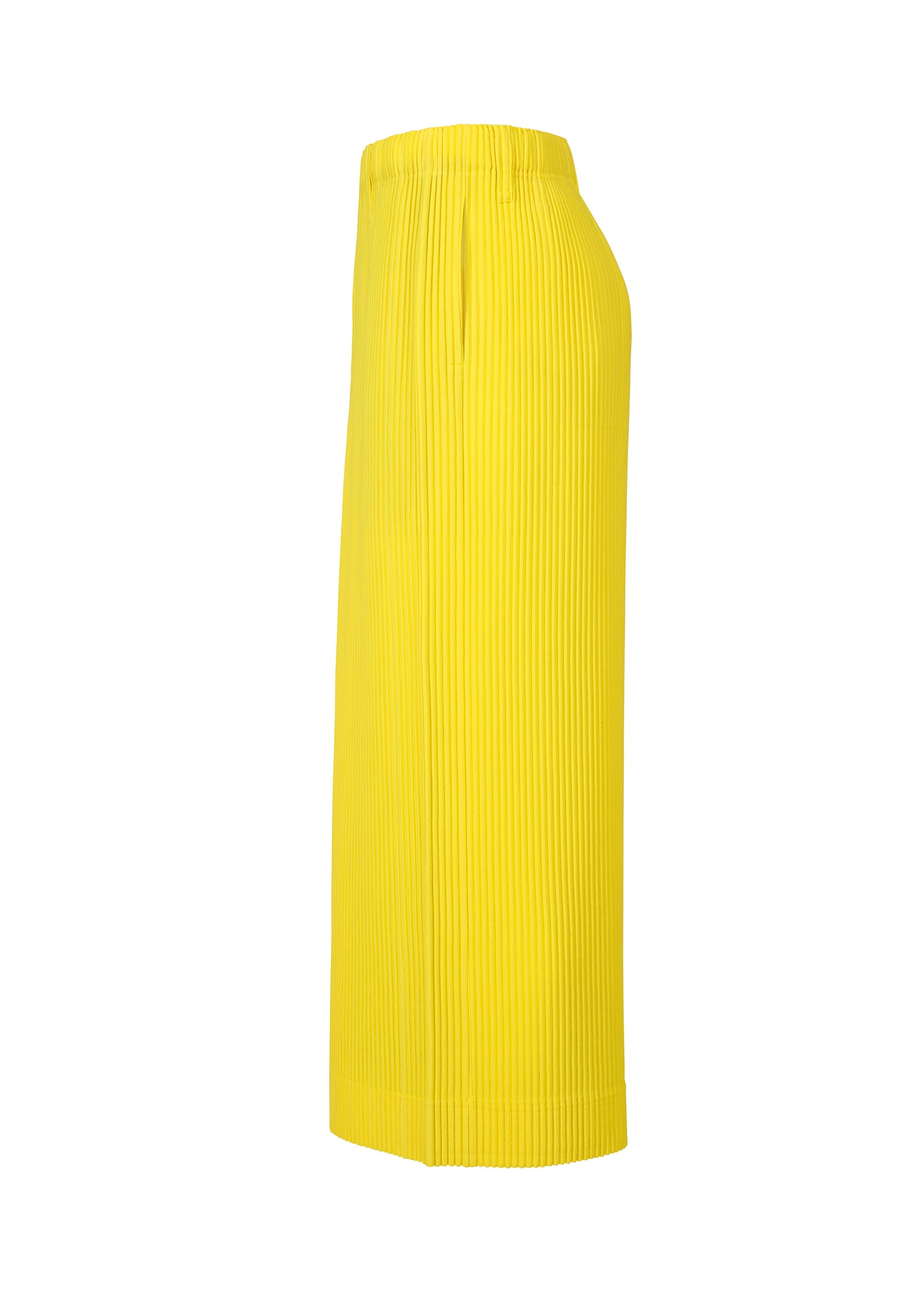 Zoomed view Side view of the COLORFUL PLEATS BOTTOMS by HOMME PLISSÉ ISSEY MIYAKE, a bright yellow pleated polyester midi skirt with an elastic waistband and pockets, shown against a plain white background.
