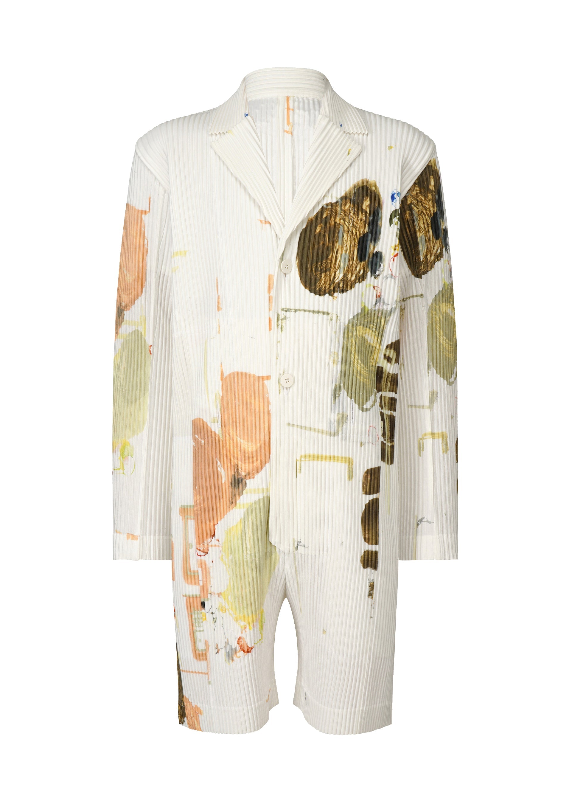 Zoomed view The PALETTE romper by HOMME PLISSÉ ISSEY MIYAKE features white pinstripes, a blazer-style cut with notched lapels and long sleeves, plus an abstract multicolor print in brown, green, orange, and black. - GREEN (no.62)
