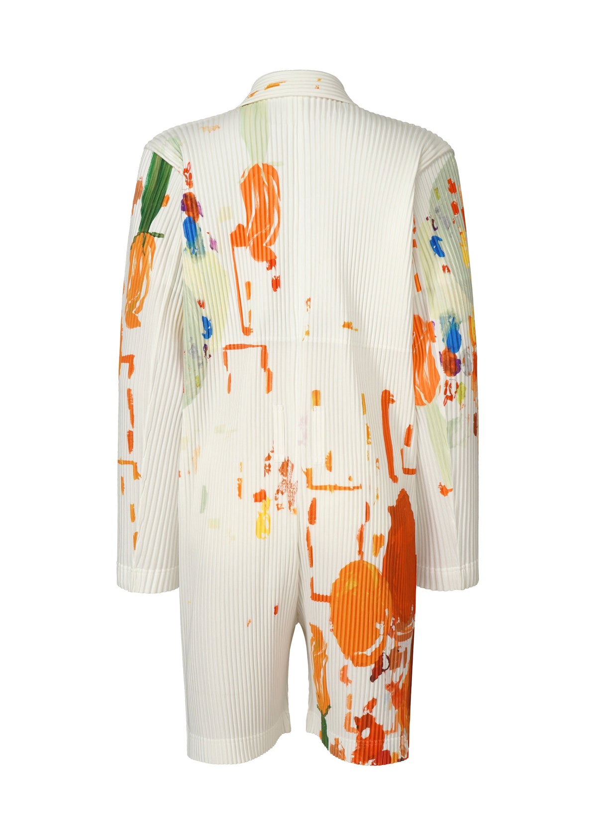The PALETTE romper by HOMME PLISSÉ ISSEY MIYAKE is a white, long-sleeve, collared piece with pleats and bold abstract splashes of orange, green, yellow, and blue shown from the back. view 2 of 6