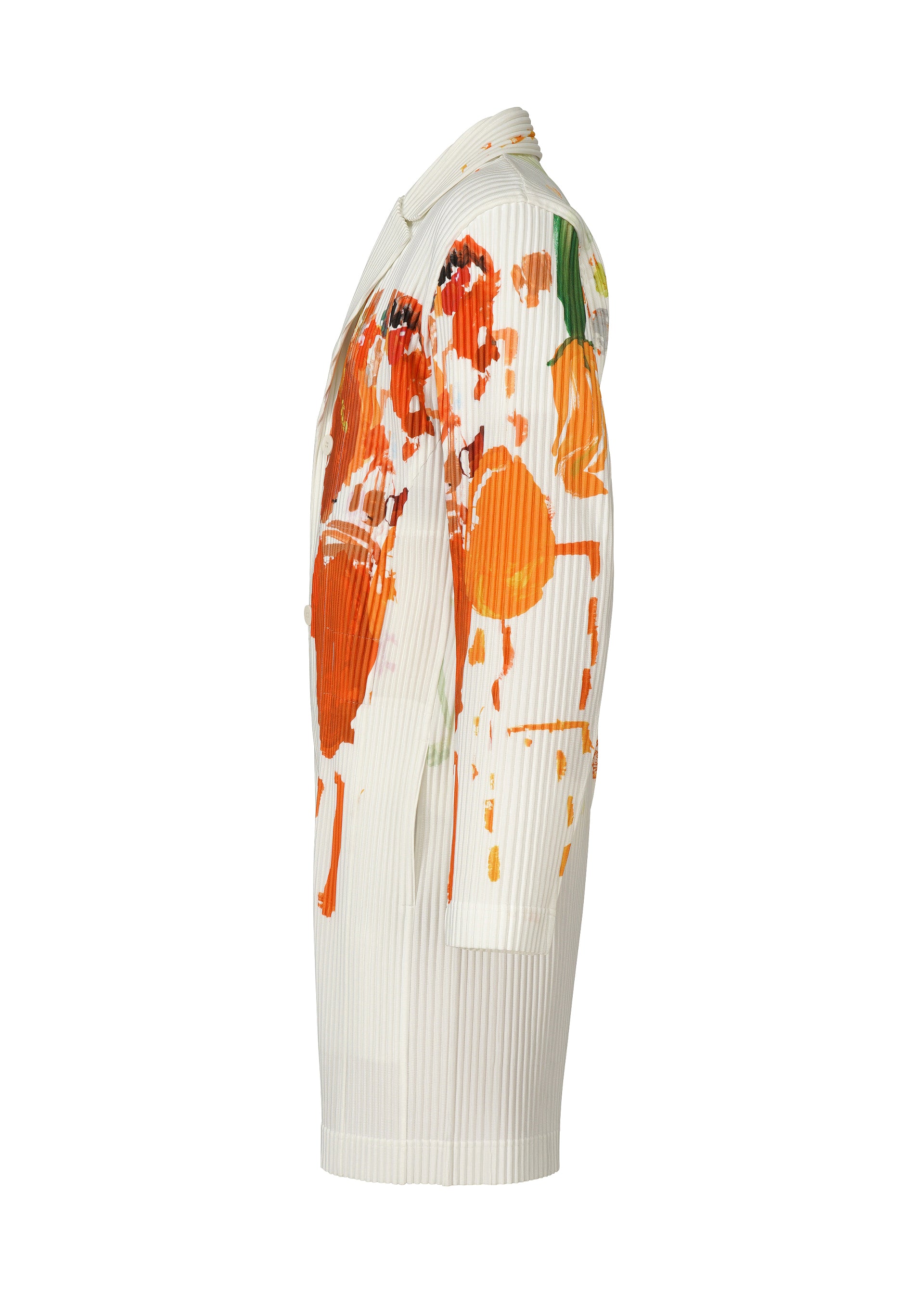 Zoomed view The PALETTE coat by HOMME PLISSÉ ISSEY MIYAKE is a knee-length, long-sleeve white piece with subtle vertical stripes and an abstract orange, green, and red paint splatter design, shown in side profile.