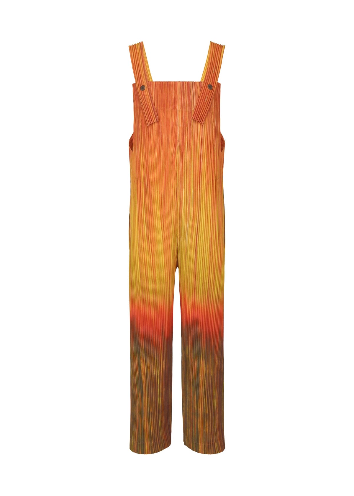 The PAINT BRUSH CLOSE-UP overalls by HOMME PLISSÉ ISSEY MIYAKE feature wide straps and a layered vertical striped pattern in warm orange, yellow, and reddish-brown, blending to resemble a sunset gradient. view 1 of 7