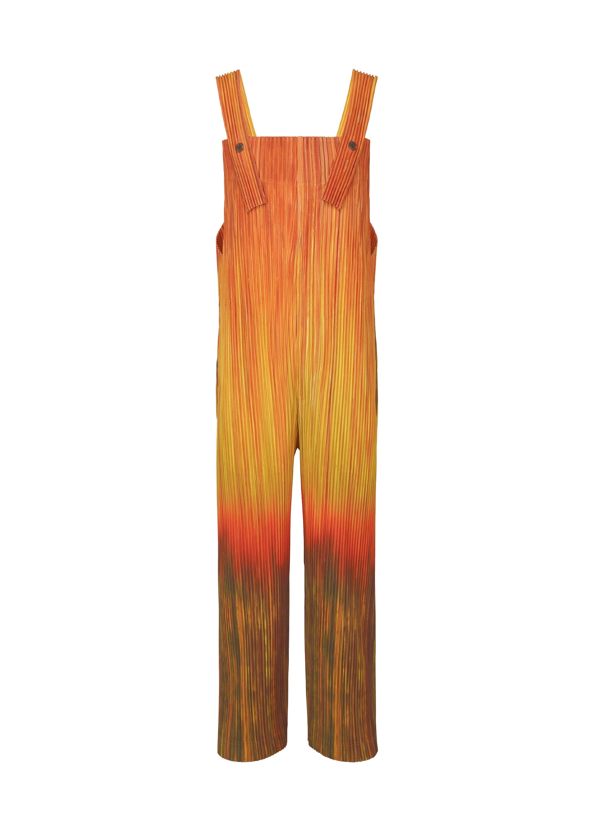 Zoomed view The PAINT BRUSH CLOSE-UP overalls by HOMME PLISSÉ ISSEY MIYAKE feature wide straps and a layered vertical striped pattern in warm orange, yellow, and reddish-brown, blending to resemble a sunset gradient. - ORANGE （no.32）