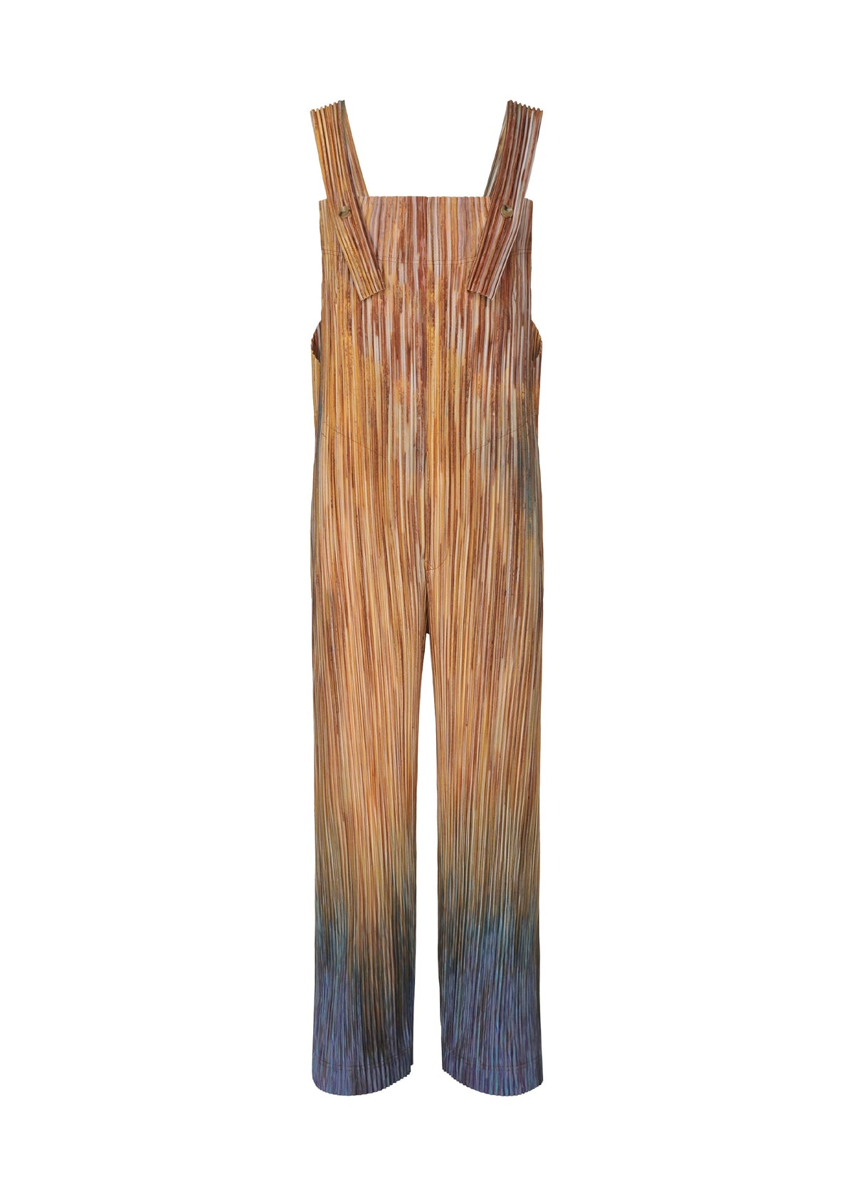 The PAINT BRUSH CLOSE-UP jumpsuit by HOMME PLISSÉ ISSEY MIYAKE is sleeveless with wide legs, thick straps, a vertical pleated texture, and a multicolored gradient blending brown, orange, and blue. view 2 of 7