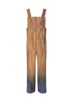 The PAINT BRUSH CLOSE-UP jumpsuit by HOMME PLISSÉ ISSEY MIYAKE is sleeveless with wide legs, thick straps, a vertical pleated texture, and a multicolored gradient blending brown, orange, and blue. - BROWN （no.44）