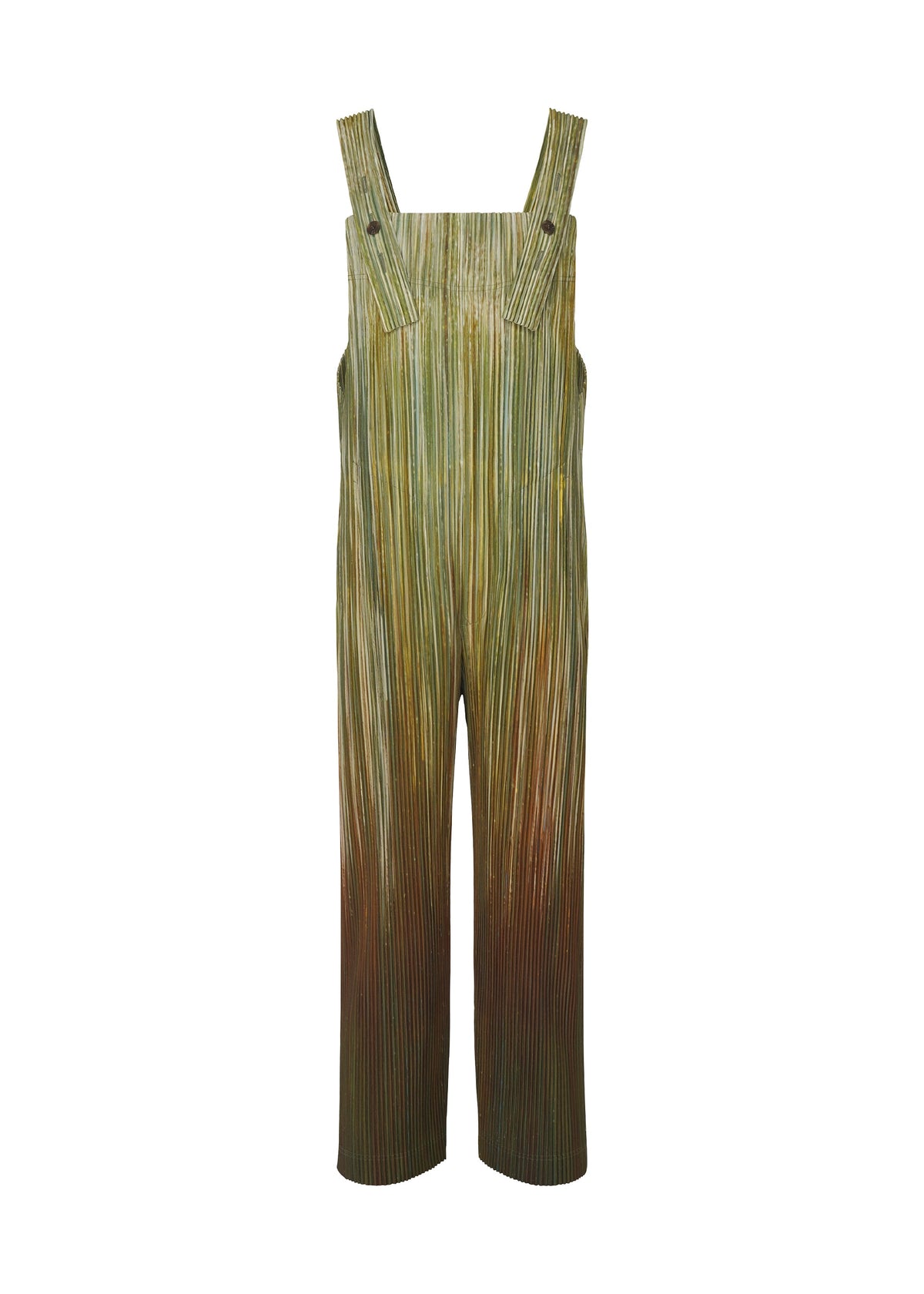 The PAINT BRUSH CLOSE-UP by HOMME PLISSÉ ISSEY MIYAKE is a pair of green and brown pleated wide-leg overalls with adjustable shoulder straps and subtle color blending, shown against a white background. view 3 of 7