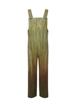 The PAINT BRUSH CLOSE-UP by HOMME PLISSÉ ISSEY MIYAKE is a pair of green and brown pleated wide-leg overalls with adjustable shoulder straps and subtle color blending, shown against a white background. - GREEN （no.62）