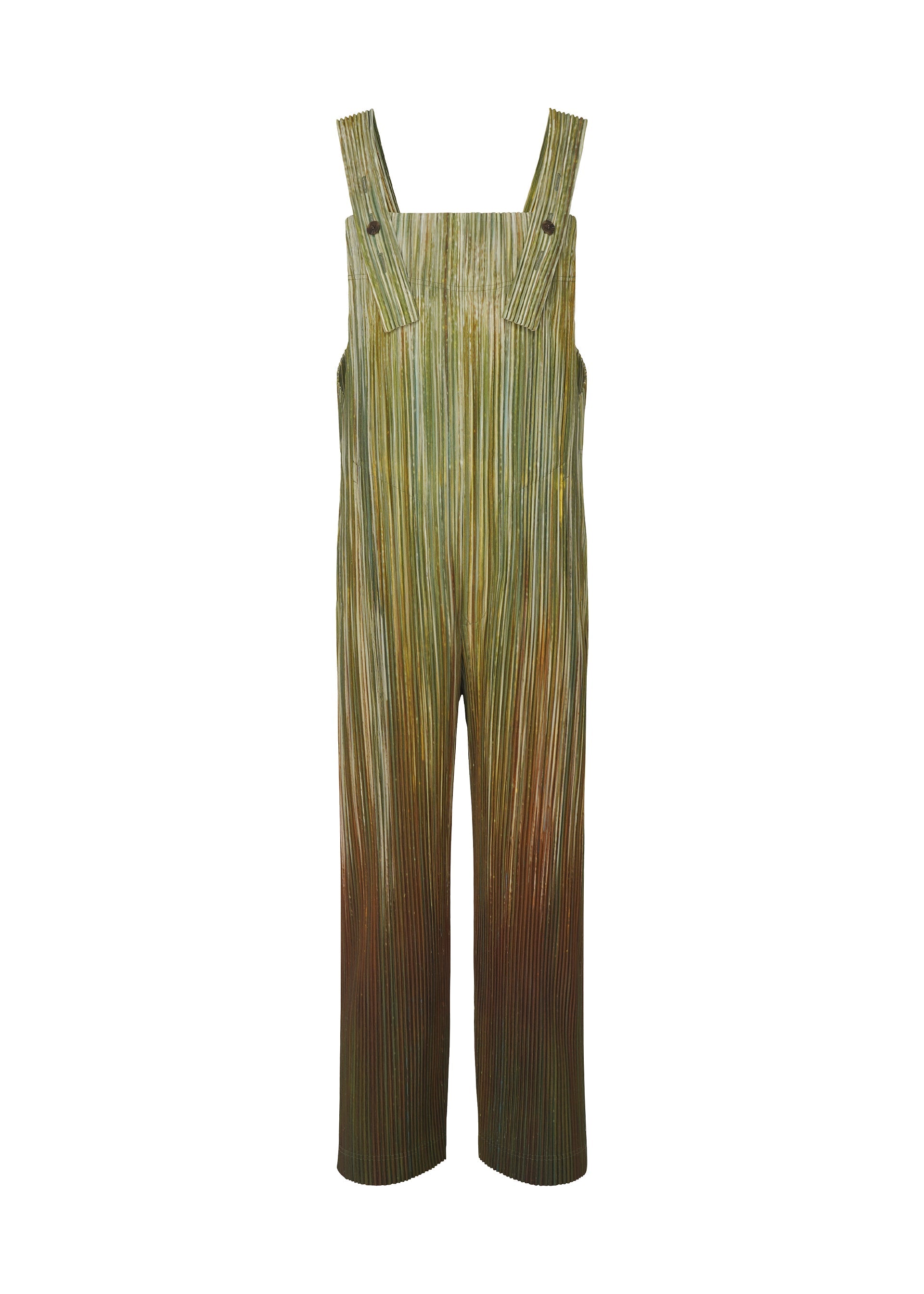 Zoomed view The PAINT BRUSH CLOSE-UP by HOMME PLISSÉ ISSEY MIYAKE is a pair of green and brown pleated wide-leg overalls with adjustable shoulder straps and subtle color blending, shown against a white background. - GREEN （no.62）