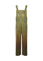 The PAINT BRUSH CLOSE-UP jumpsuit by HOMME PLISSÉ ISSEY MIYAKE features wide shoulder straps and straight legs, with green and brown blended fabric in a textured, vertical stripe pattern, shown on a white background.