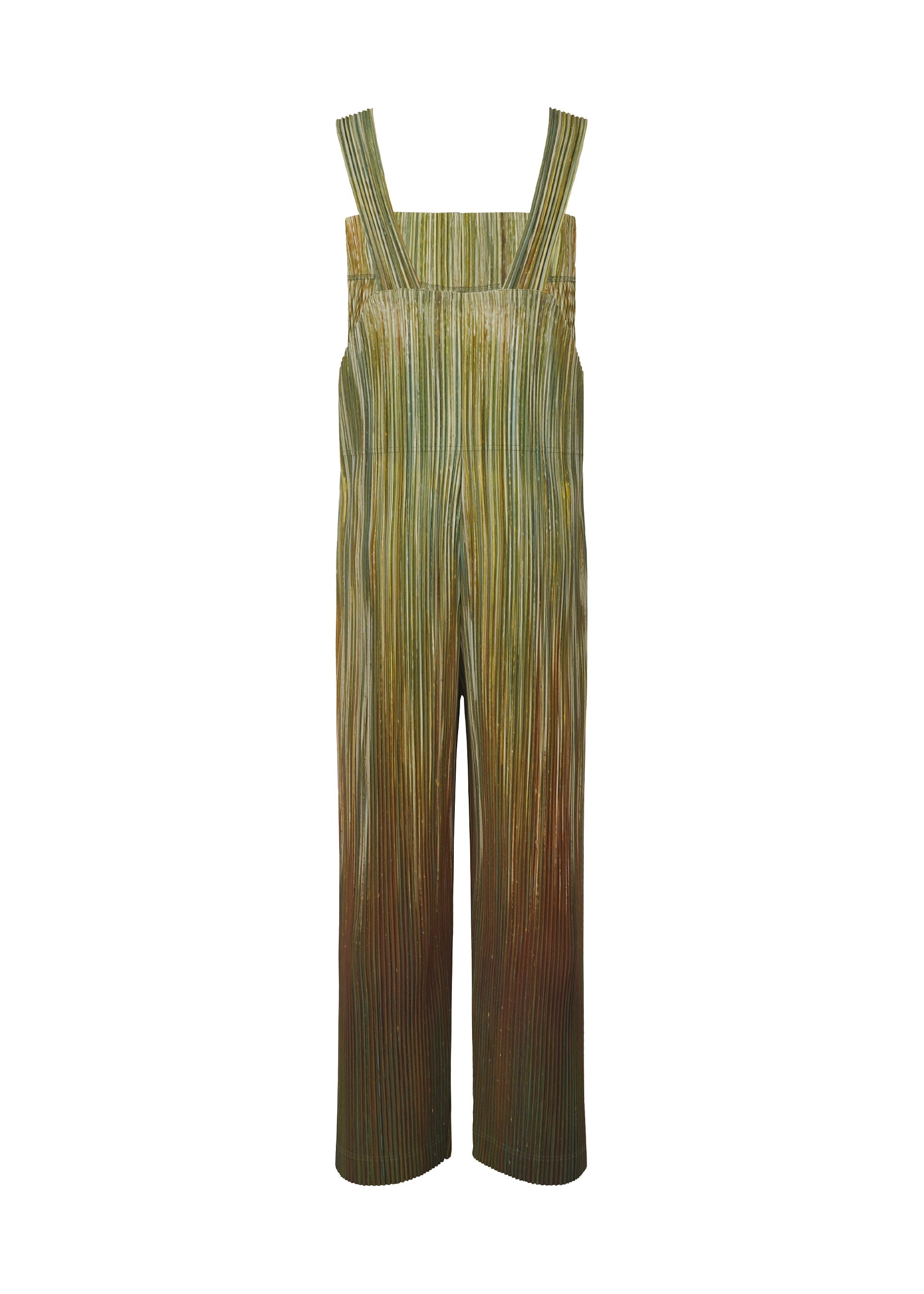 Zoomed view The PAINT BRUSH CLOSE-UP jumpsuit by HOMME PLISSÉ ISSEY MIYAKE features wide shoulder straps and straight legs, with green and brown blended fabric in a textured, vertical stripe pattern, shown on a white background.