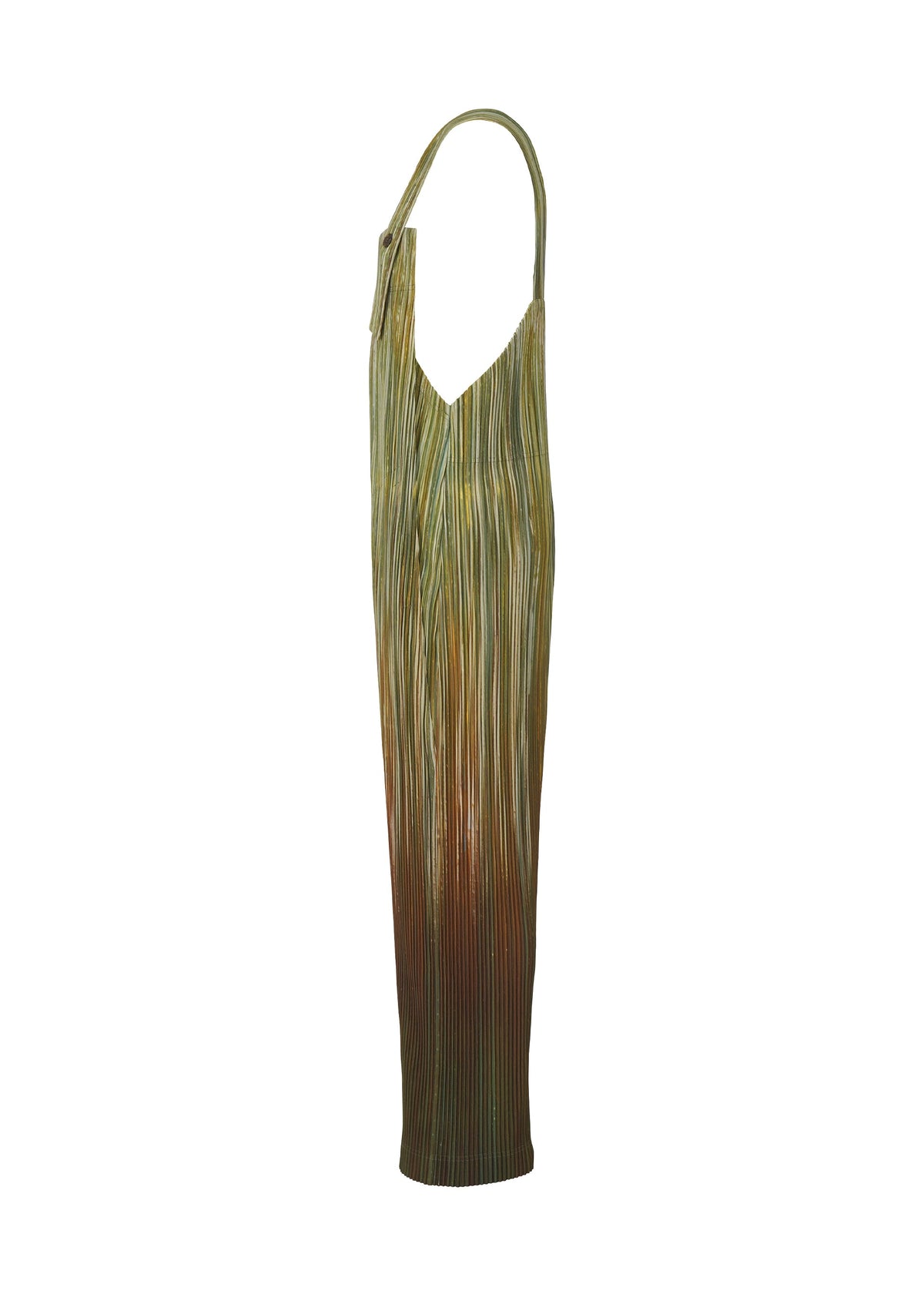 Side view of the PAINT BRUSH CLOSE-UP sleeveless floor-length dress by HOMME PLISSÉ ISSEY MIYAKE, with thin vertical stripes in green, brown, and orange, expert color blending, pleated texture, and a single shoulder strap. view 5 of 7