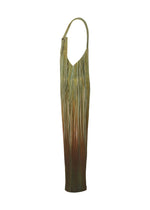 Side view of the PAINT BRUSH CLOSE-UP sleeveless floor-length dress by HOMME PLISSÉ ISSEY MIYAKE, with thin vertical stripes in green, brown, and orange, expert color blending, pleated texture, and a single shoulder strap.