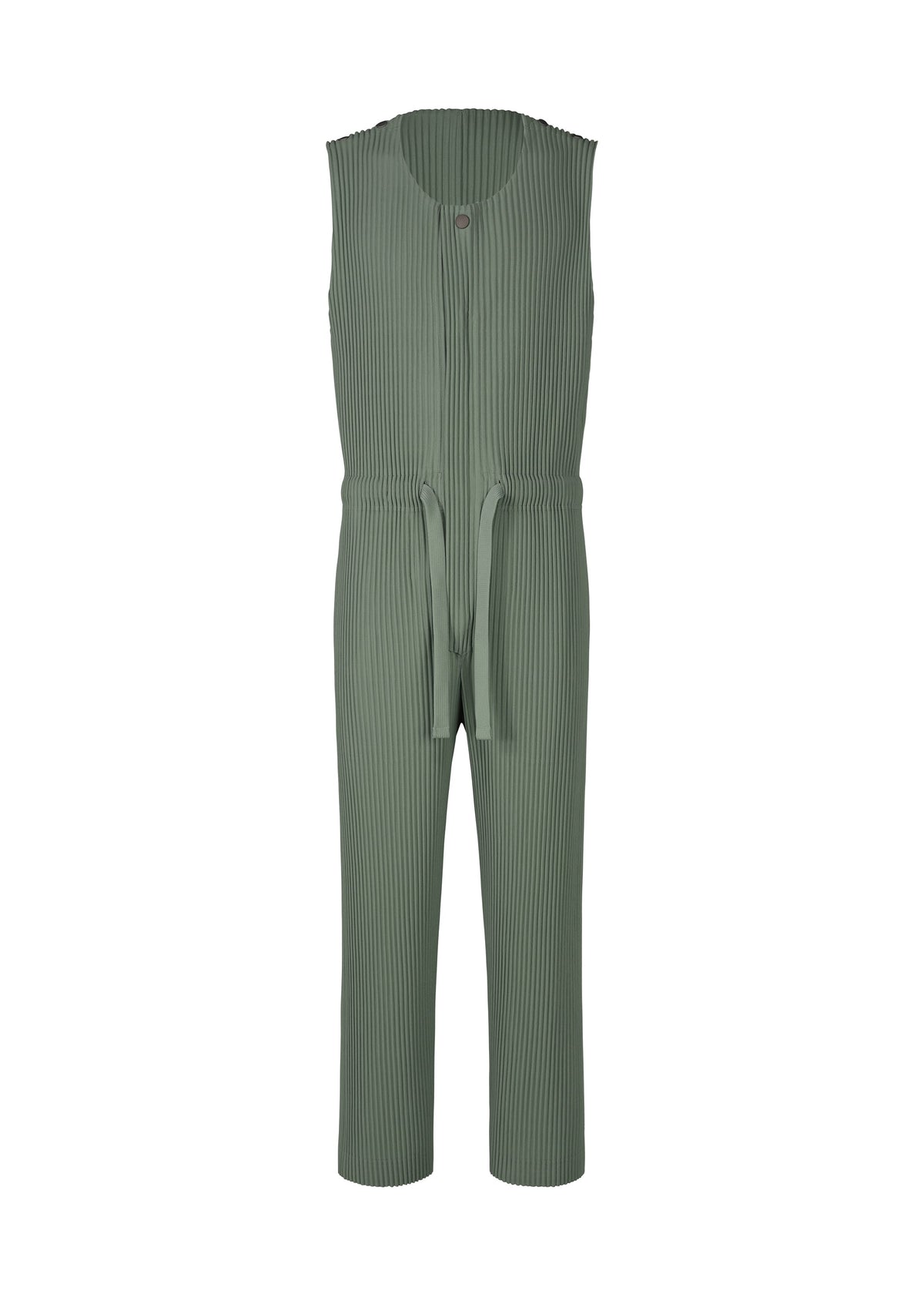 The HOMME PLISSÉ ISSEY MIYAKE PLEATS BOTTOMS 2 is a sleeveless sage green pleated jumpsuit featuring a round neckline, front button closure, pockets, drawstring waist tie, and full-length straight legs. view 2 of 7