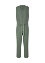 The HOMME PLISSÉ ISSEY MIYAKE PLEATS BOTTOMS 2 is a sleeveless sage green pleated jumpsuit featuring a round neckline, front button closure, pockets, drawstring waist tie, and full-length straight legs. - LUCCA STORICO BLUE （no.73）