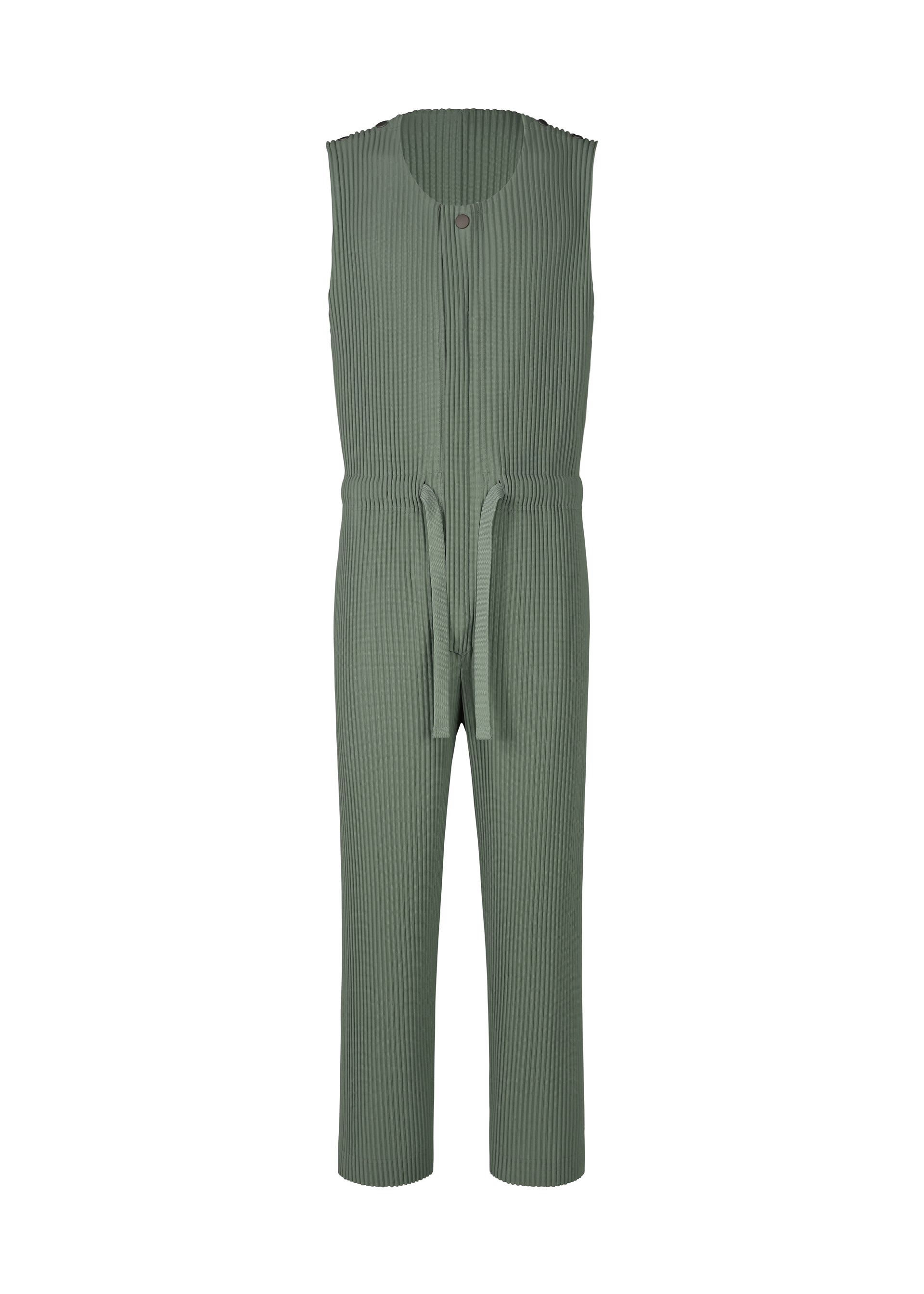 Zoomed view The HOMME PLISSÉ ISSEY MIYAKE PLEATS BOTTOMS 2 is a sleeveless sage green pleated jumpsuit featuring a round neckline, front button closure, pockets, drawstring waist tie, and full-length straight legs. - LUCCA STORICO BLUE （no.73）